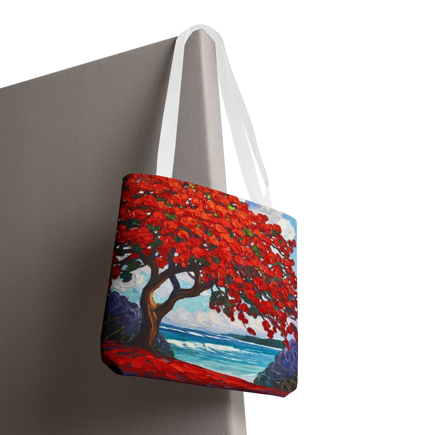 Red Blossom Beach Tote - Tropical Tree Art All-Over Print Tote Bag Crochet-Decorated Tote Bags