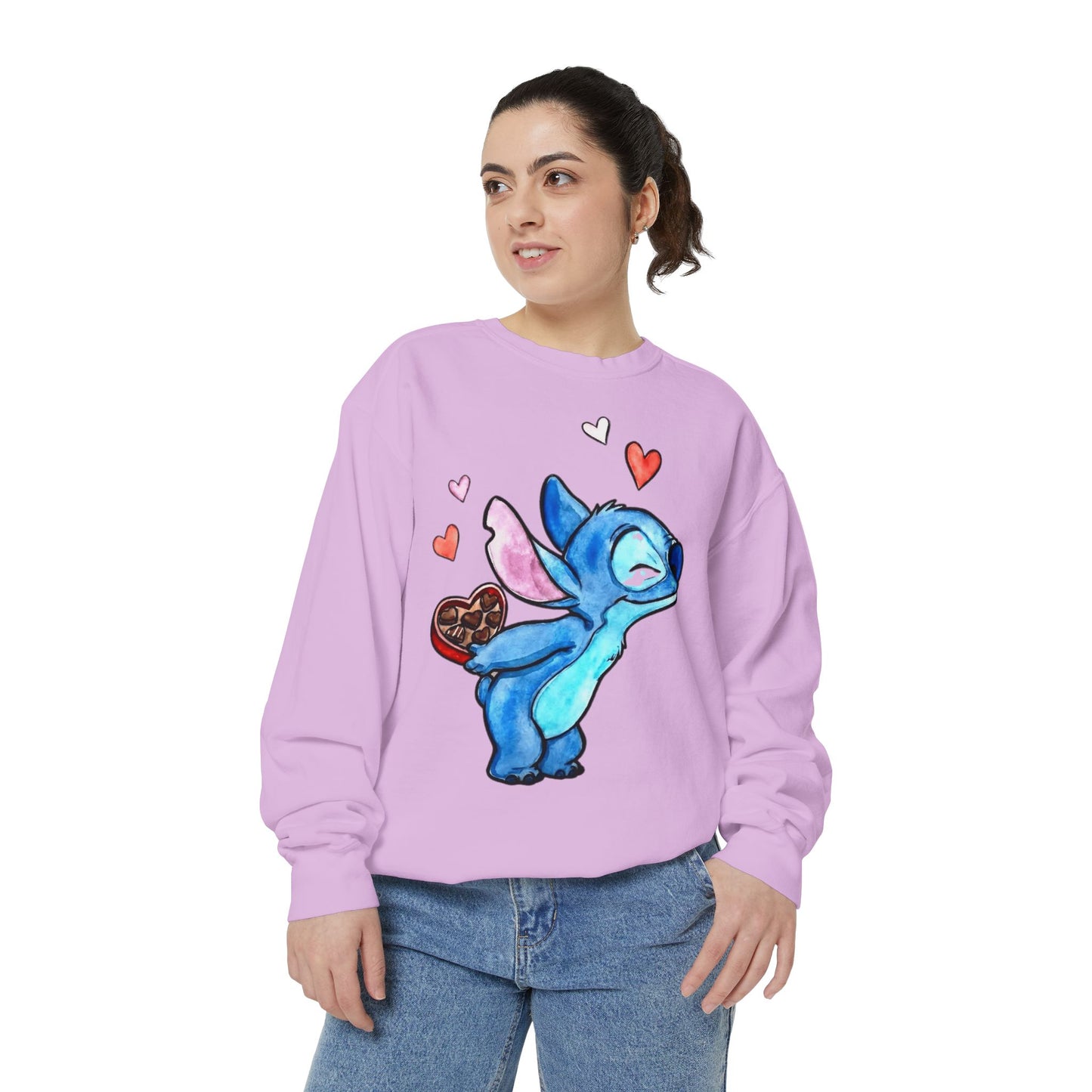 Stitch Valentine Sweatshirt — Cute Blue Alien with Hearts & Chocolate Pocket