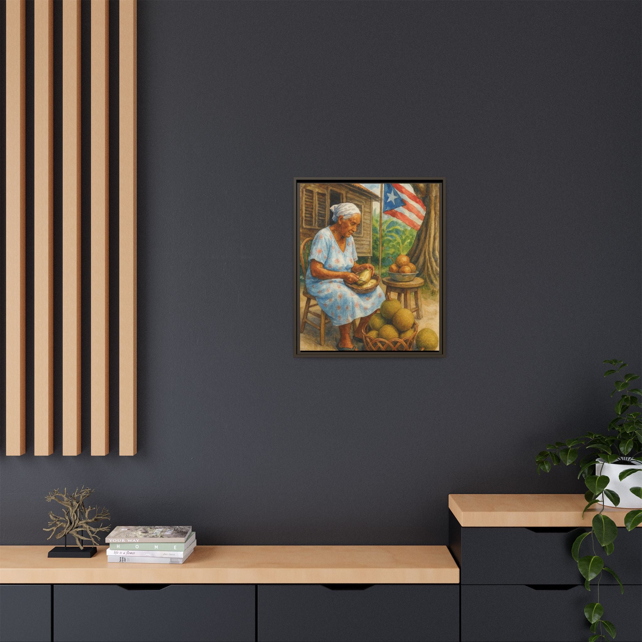 Cultural & Story-Driven These Puerto Rico inspired  Framed Matte Canvas Print  Woman Shelling Fruit Vintage Tropical Painting