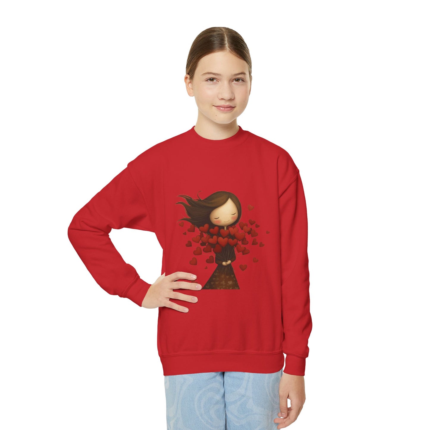 Youth Sweatshirt  Cute Girl with Heart Shower "Love Bug" Crewneck