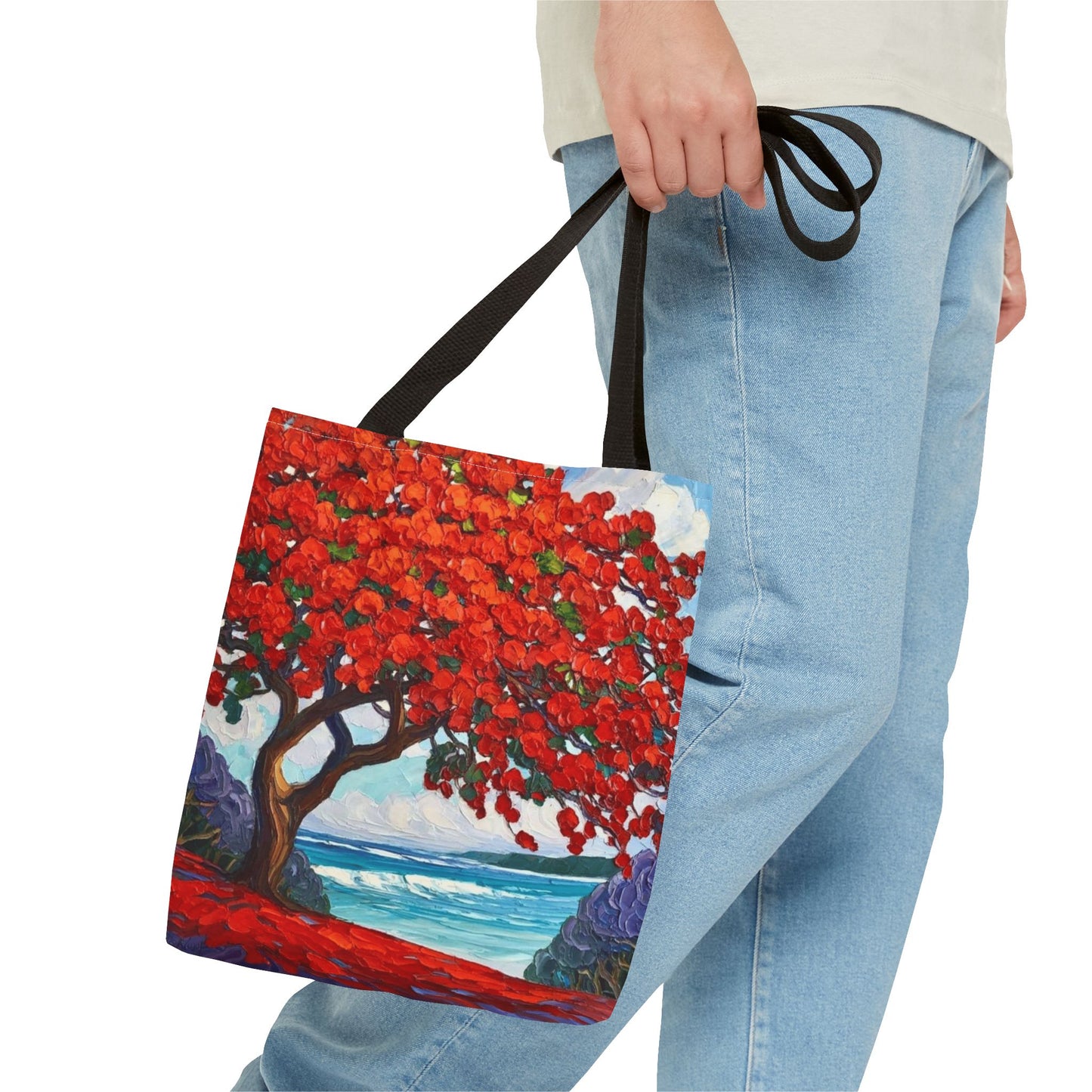 Red Blossom Beach Tote - Tropical Tree Art All-Over Print Tote Bag Crochet-Decorated Tote Bags