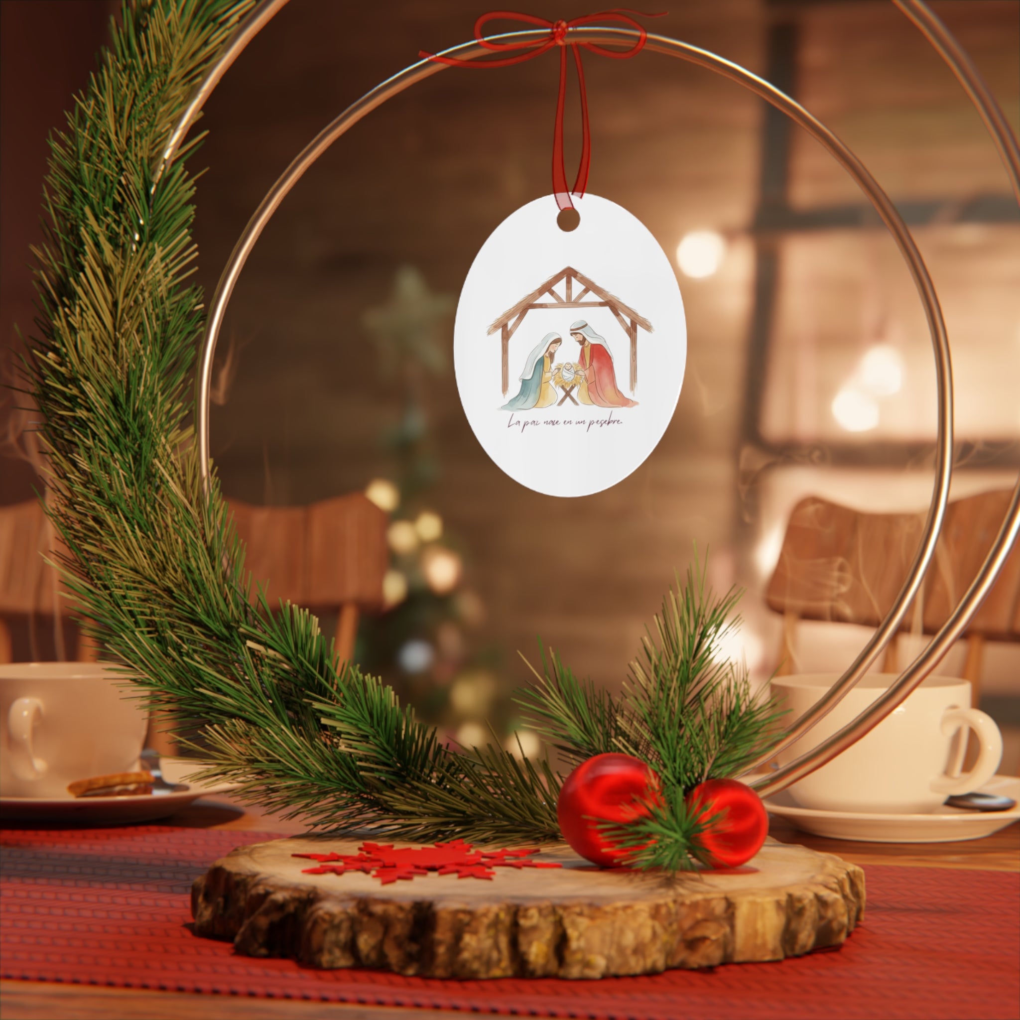 Nativity Metal Ornament — "La paz nace en un pesebre" Christmas Decoration