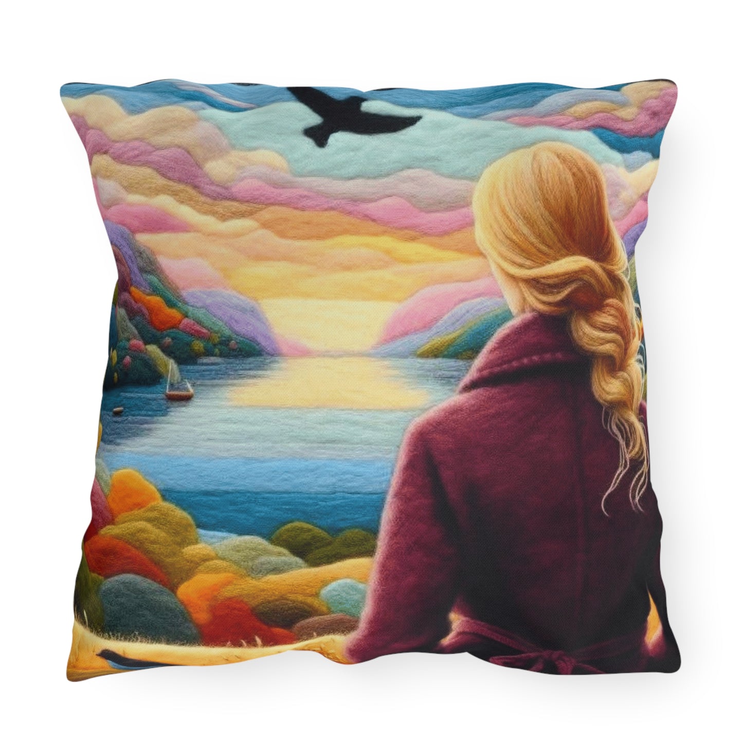 Scenic Lakeview Outdoor Pillow — Woman Overlooking Colorful Sunset Landscape