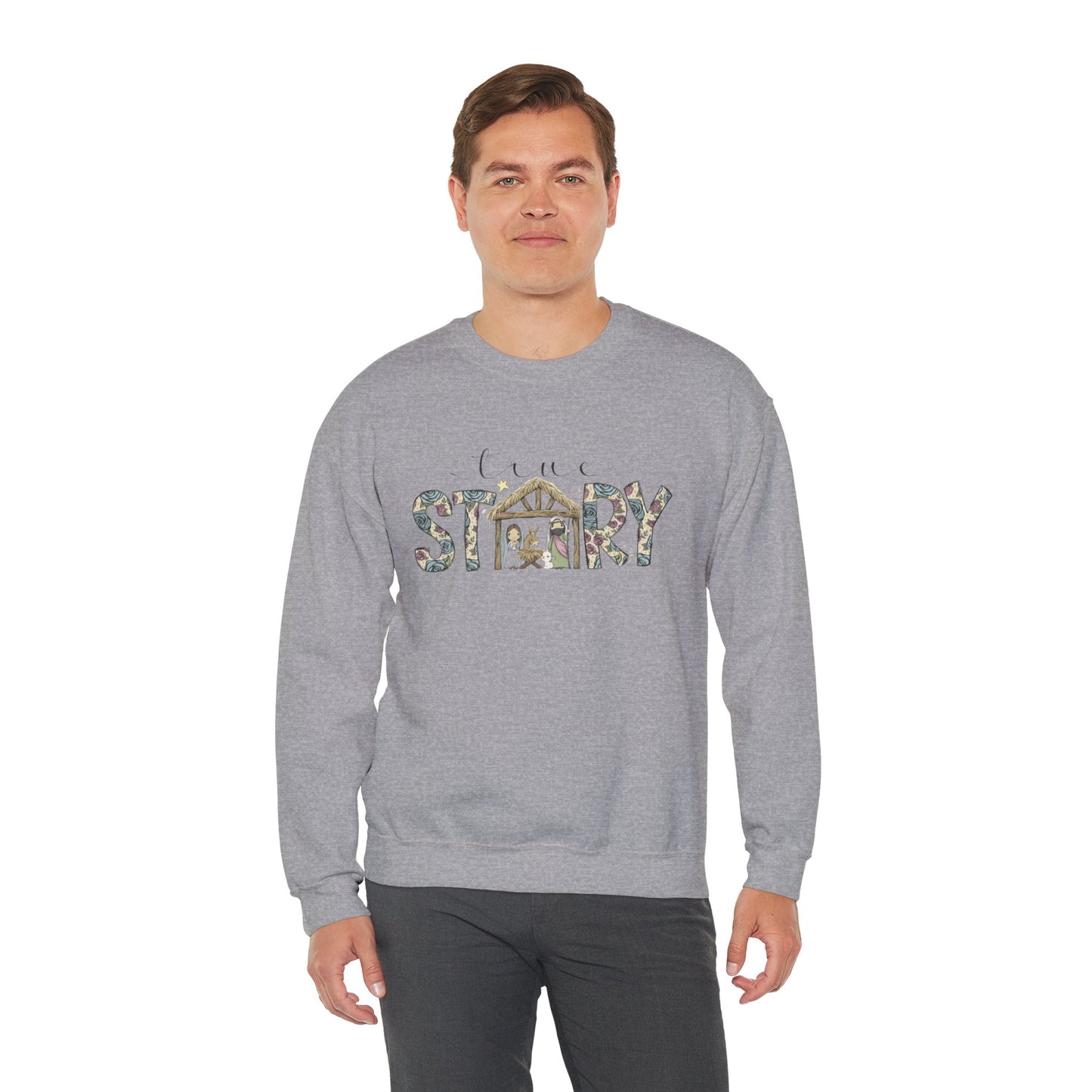 Crewneck Sweatshirt "Come Story" Floral Nativity Design  Cozy Christmas Pullover unique festive designs and joyful