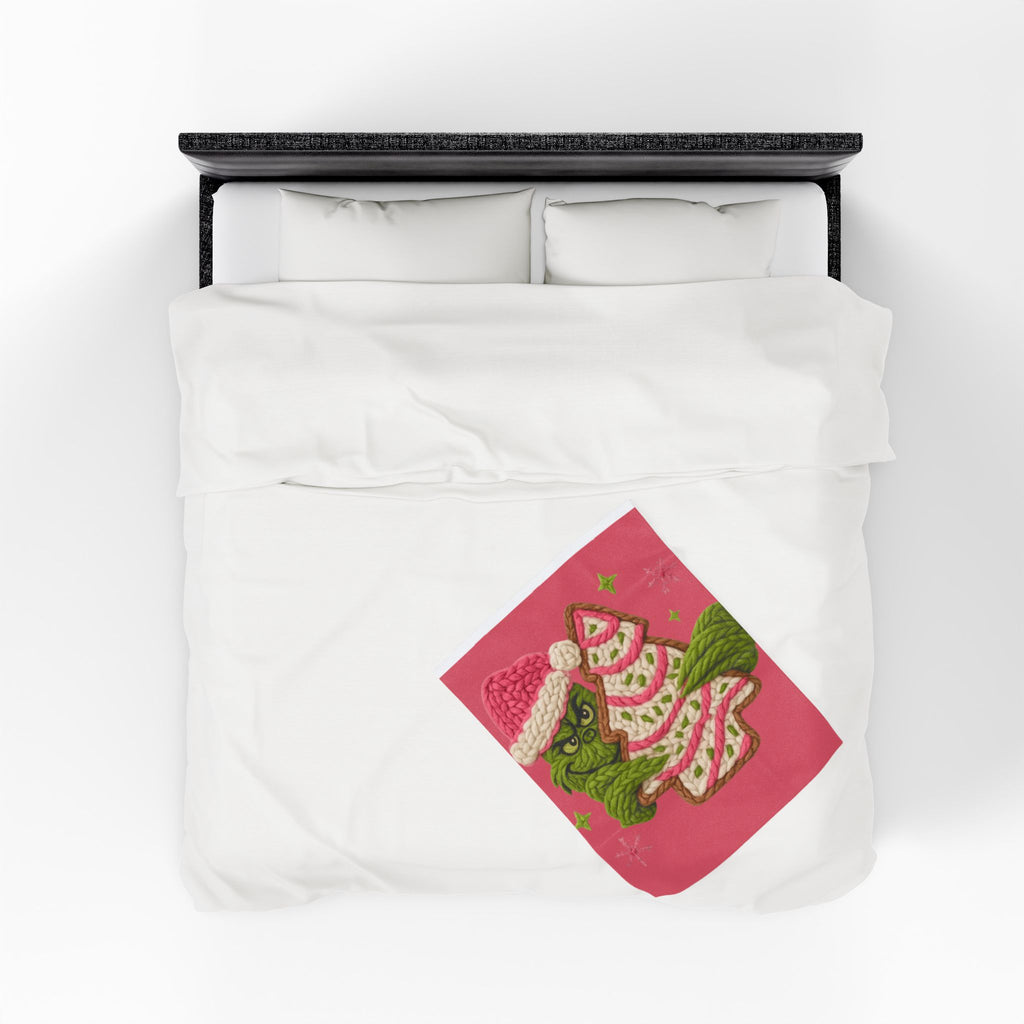 Grinch Holiday Plush Blanket – Cozy Velveteen Christmas Throw with Knitted Tree Design