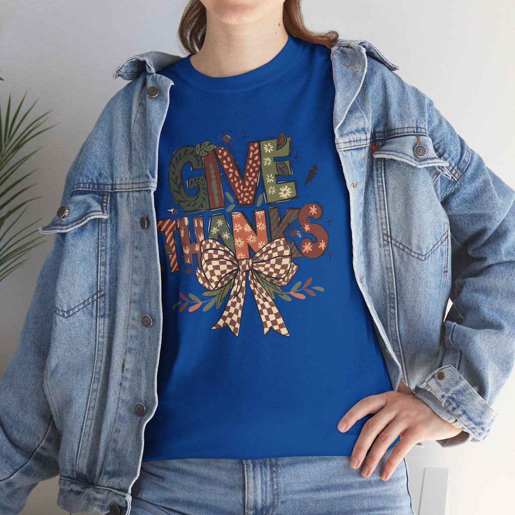 Give Thanks Tee Thanksgiving Graphic T-Shirt with Rustic Bow Design
