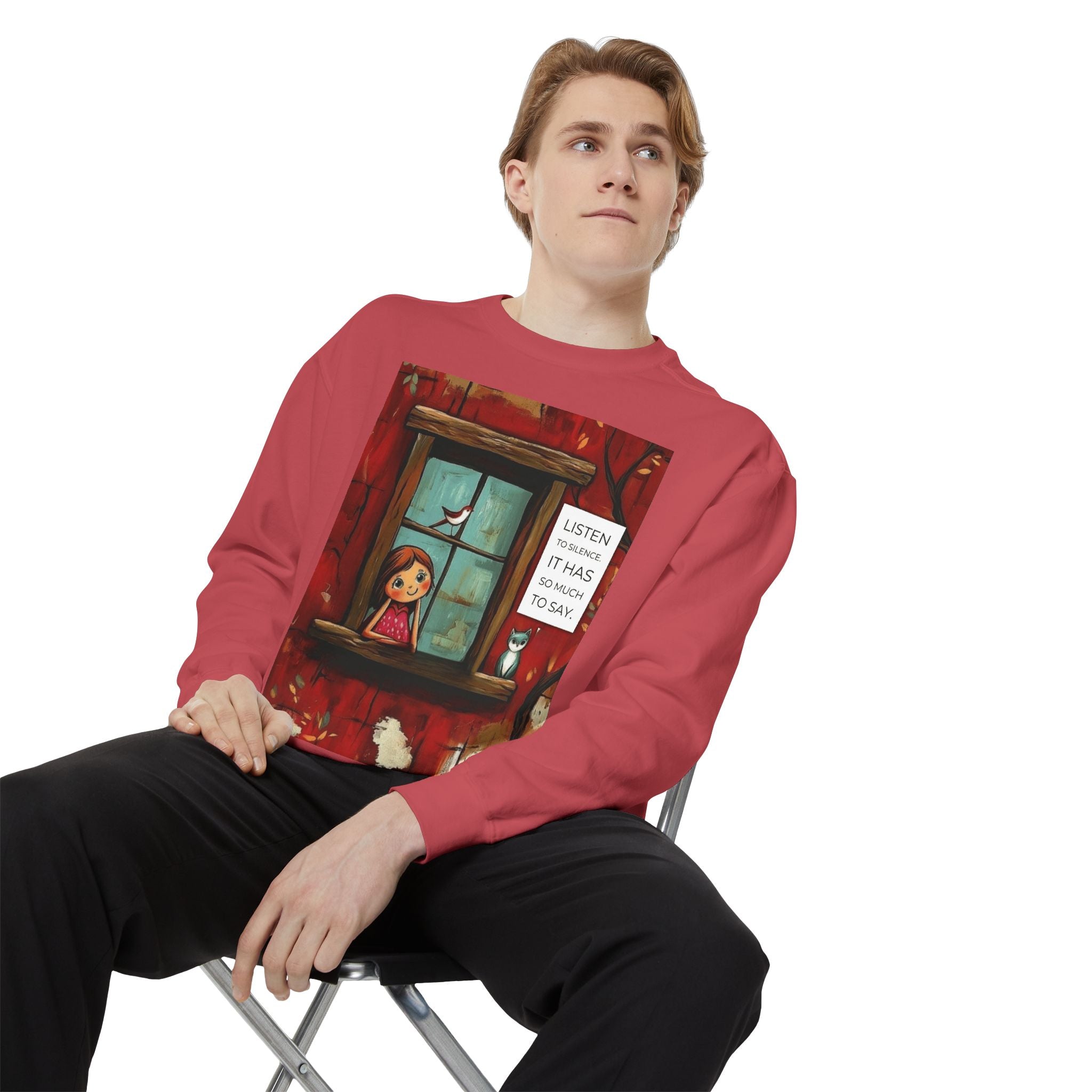 Cozy Window Scene Sweatshirt  "Listen, It Has So Much to Say" Graphic