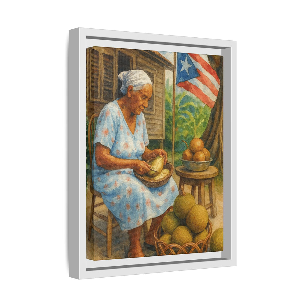 Cultural & Story-Driven These Puerto Rico inspired  Framed Matte Canvas Print  Woman Shelling Fruit Vintage Tropical Painting