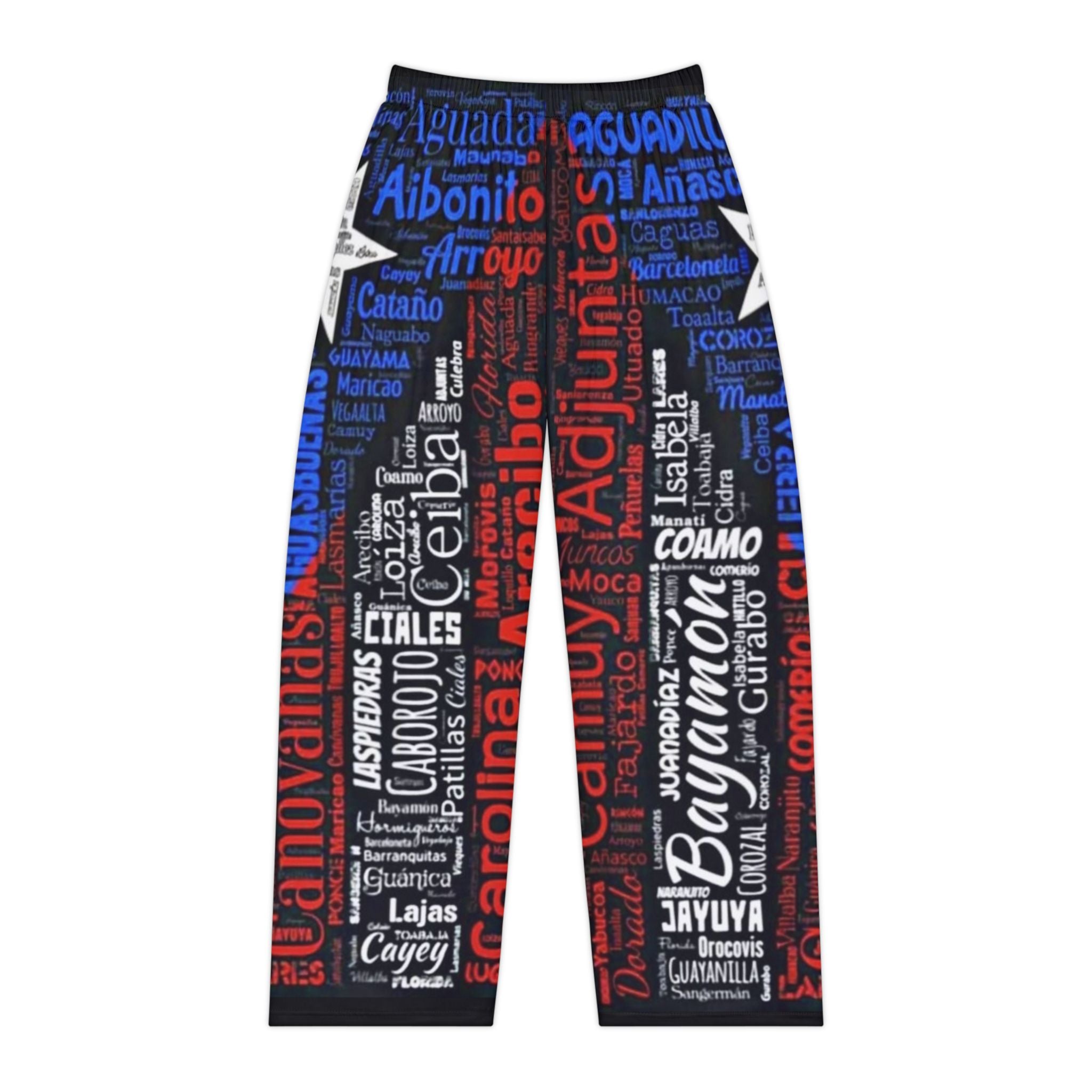 Puerto Rico Wordcloud Pajama Pants — Red White & Blue Island City Names  Puerto Rico–inspired Christmas pajamas