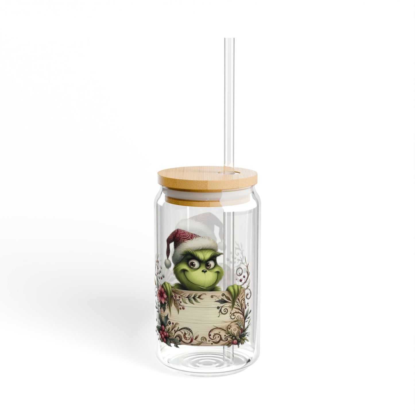 Christmas Design Whimsical Grinch Sipper Glass - 16oz with Bamboo Lid