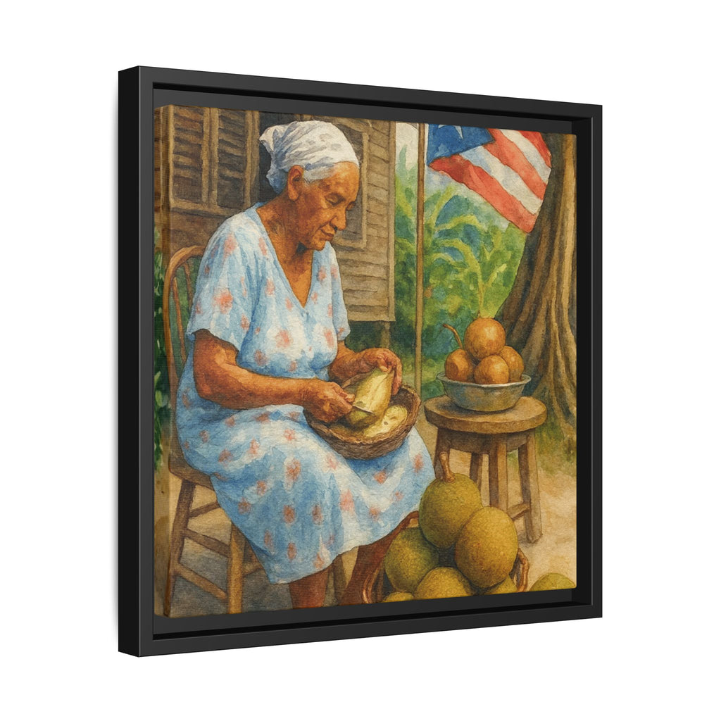 Cultural & Story-Driven These Puerto Rico inspired  Framed Matte Canvas Print  Woman Shelling Fruit Vintage Tropical Painting
