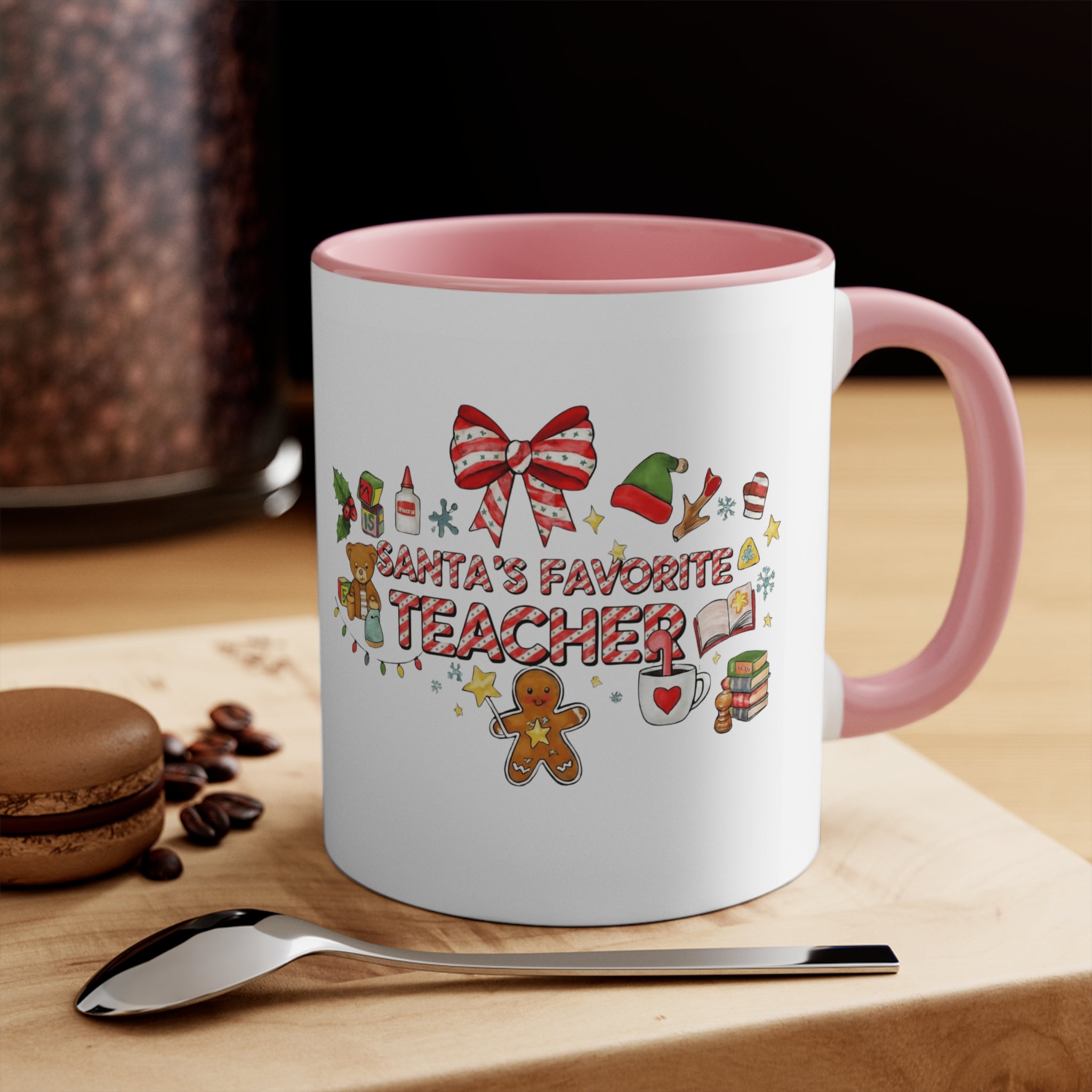 A festive Christmas mug for teachers who inspire hearts and minds all year long.  “Santa’s Favorite Teacher” 11oz Accent Coffee Cup