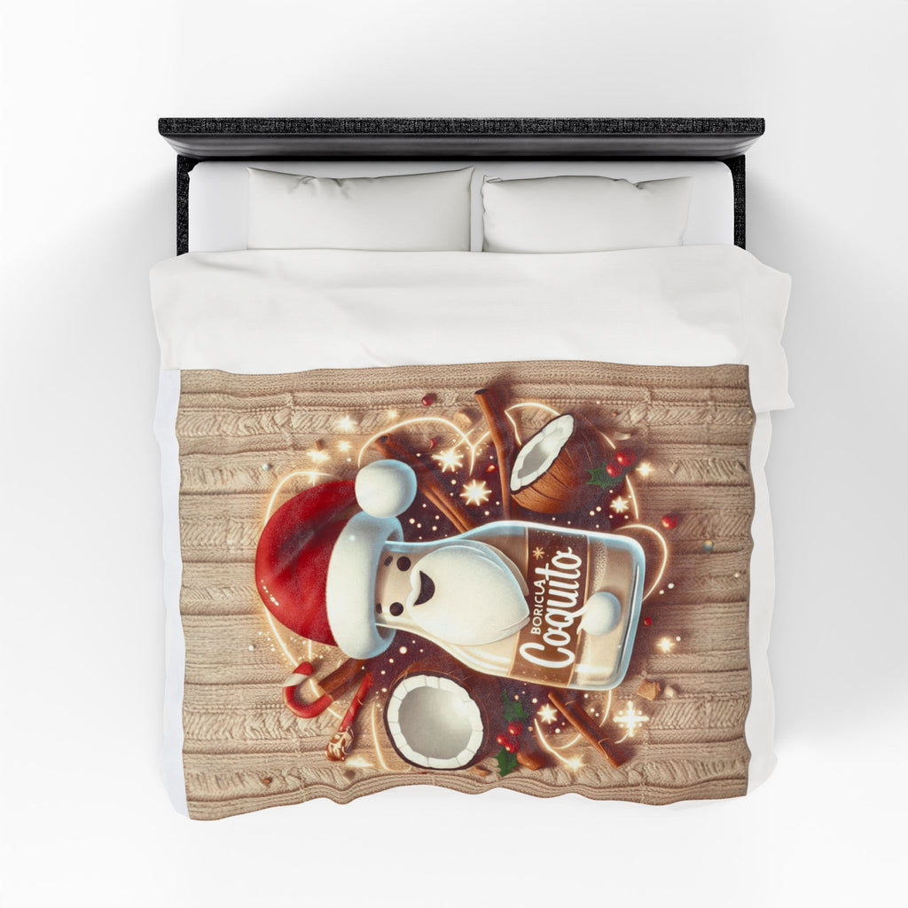 Coquito Santa Velveteen Plush Blanket Holiday Puerto Rican Coquito Design