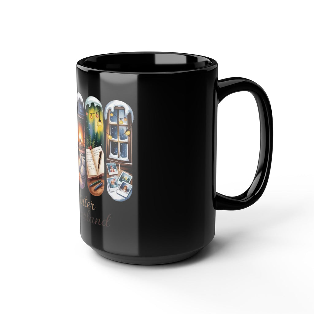 Winter Wonderland 15oz Black Mug — Cozy Fireplace & Reading Scene