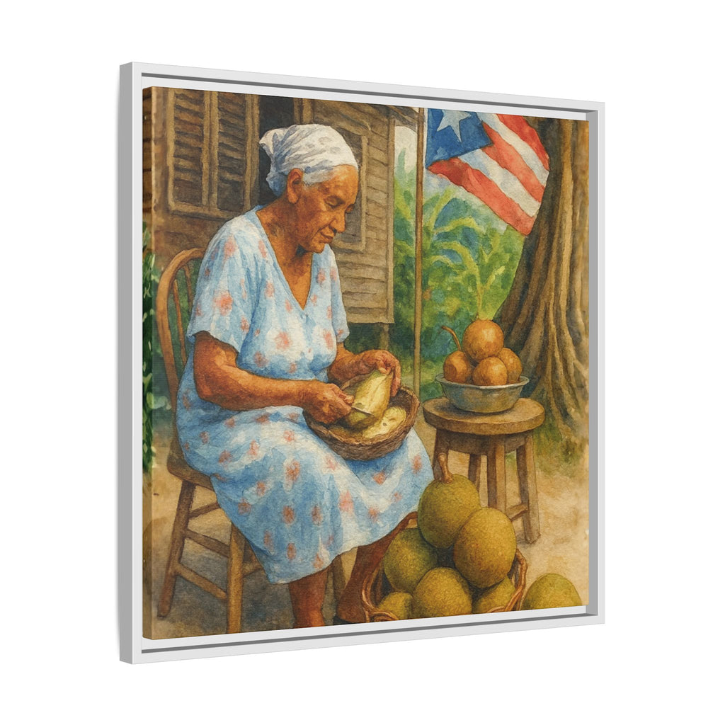 Cultural & Story-Driven These Puerto Rico inspired  Framed Matte Canvas Print  Woman Shelling Fruit Vintage Tropical Painting