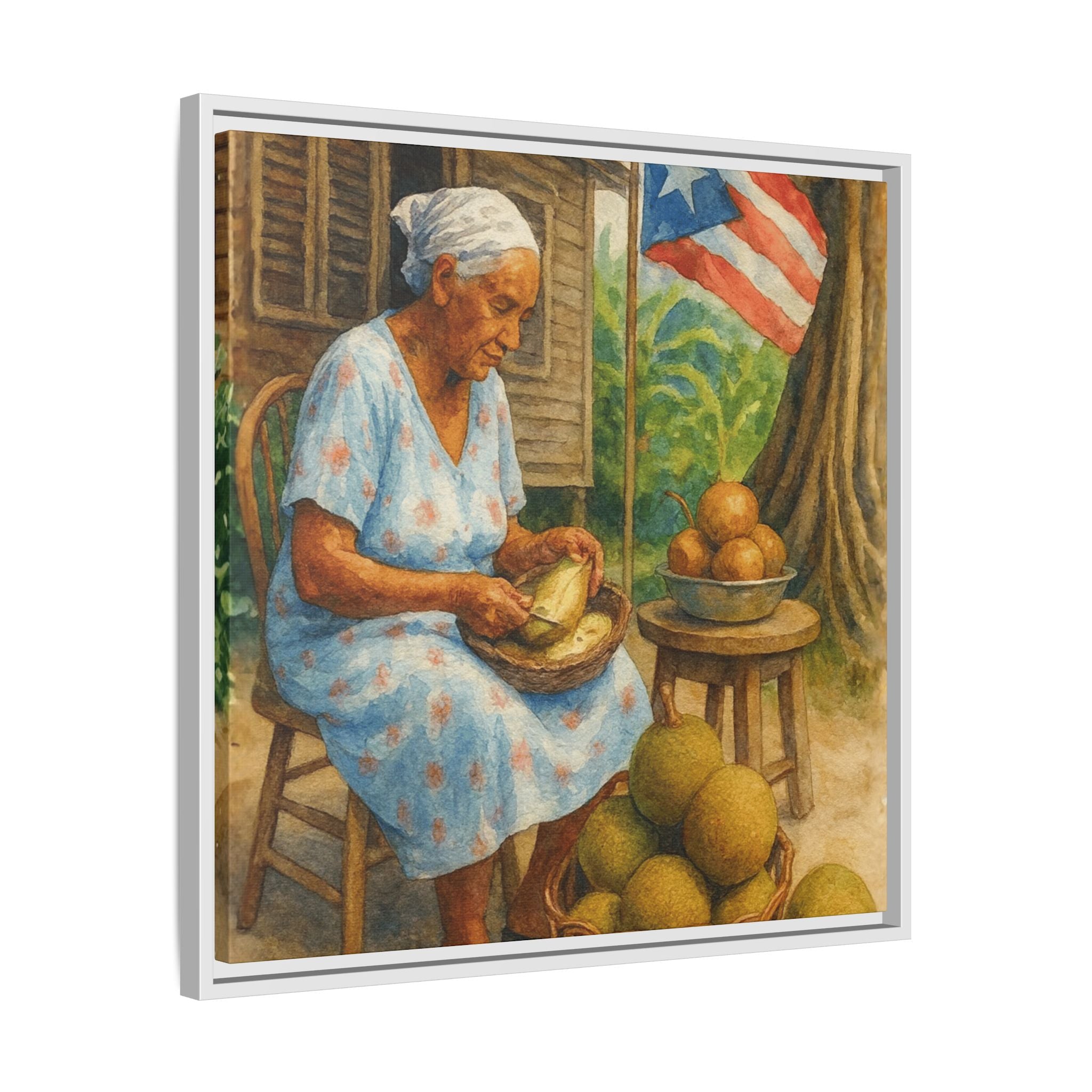 Cultural & Story-Driven These Puerto Rico inspired  Framed Matte Canvas Print  Woman Shelling Fruit Vintage Tropical Painting