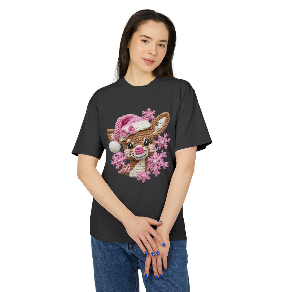 Cute Reindeer Tee — Pink Santa Hat & Snowflakes Holiday T-Shirt  cartoon-style Christmas artwork