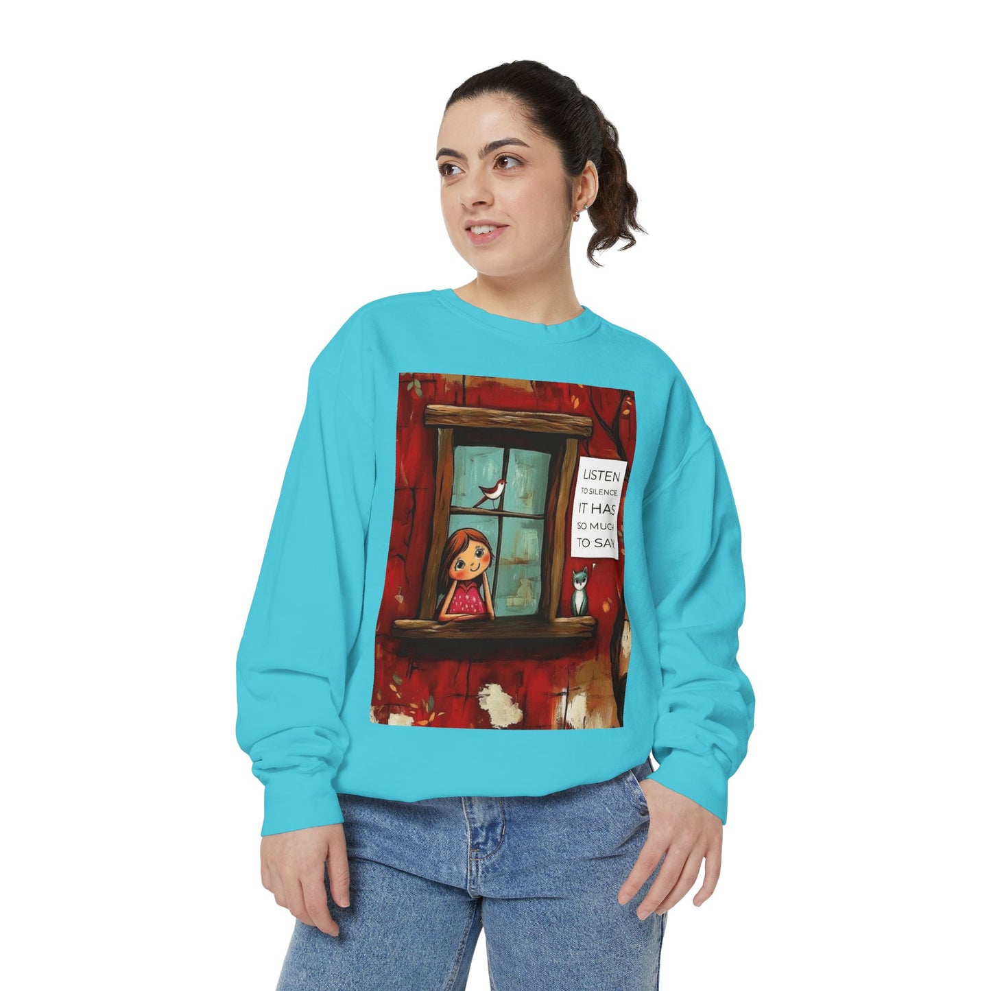Cozy Window Scene Sweatshirt  "Listen, It Has So Much to Say" Graphic