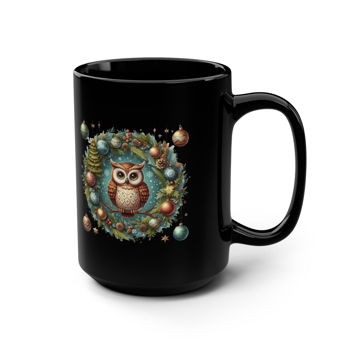 Fun Celebration Mug Coffee Cup for Special Moments & Positive Vibes Festive Owl Holiday Mug - 15oz Black Ceramic Coffee Cup