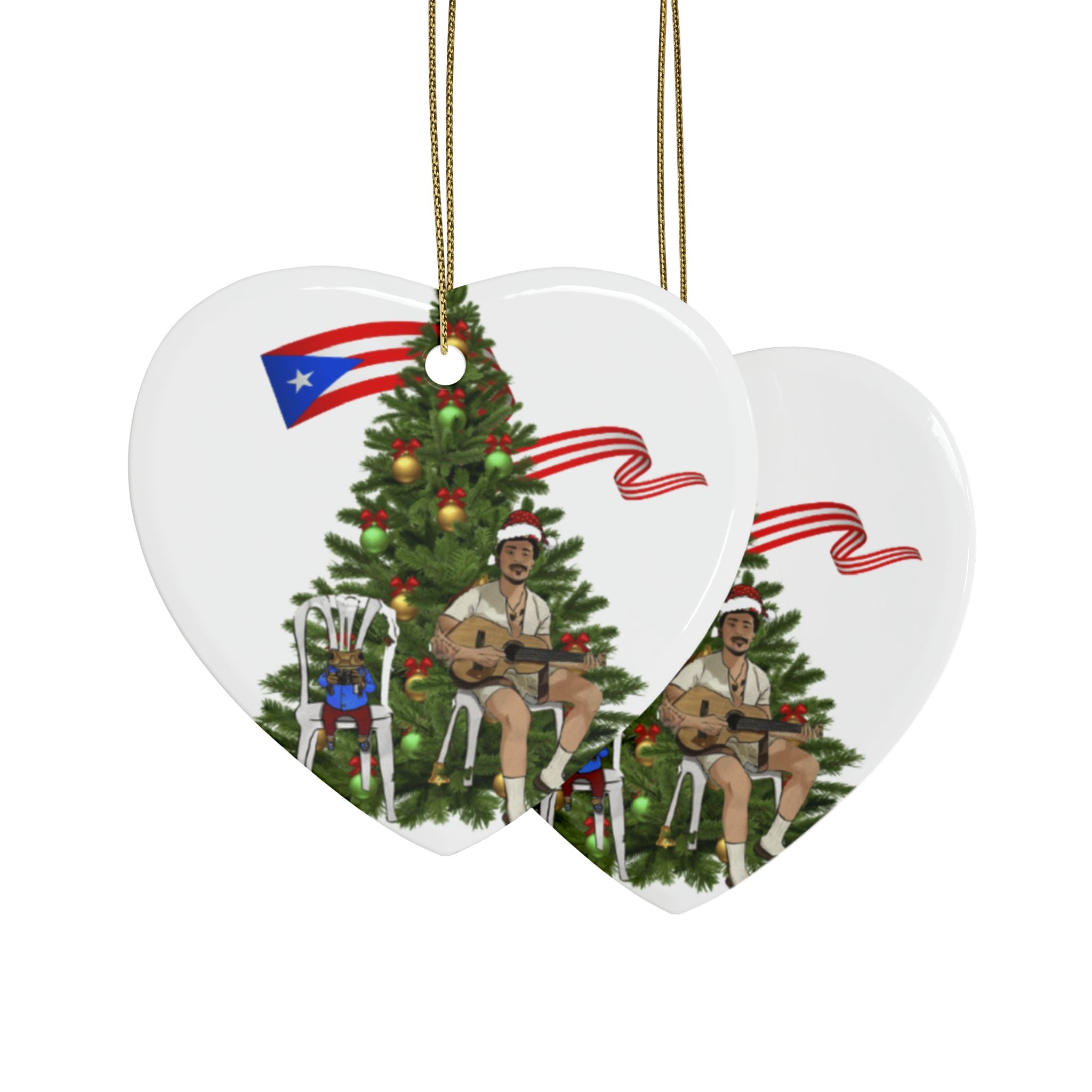 Puerto Rican Christmas Ornament Coquí & Palm Tree Ornament  Festive Tree with Guitarist Ceramic Heart Ornament