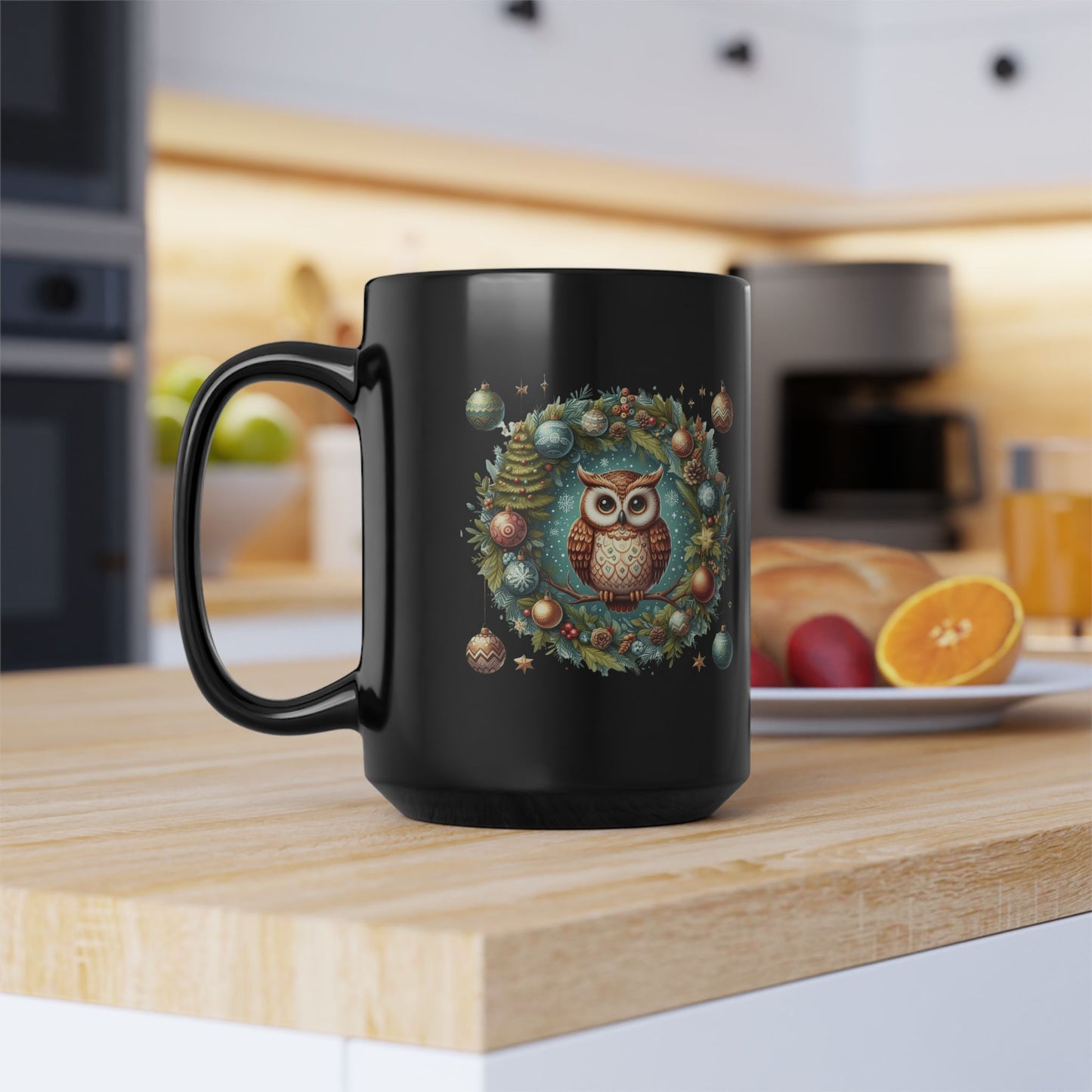 Fun Celebration Mug Coffee Cup for Special Moments & Positive Vibes Festive Owl Holiday Mug - 15oz Black Ceramic Coffee Cup