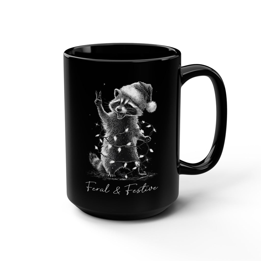Feral & Festive Raccoon Black Mug — 15oz Holiday Coffee Cup