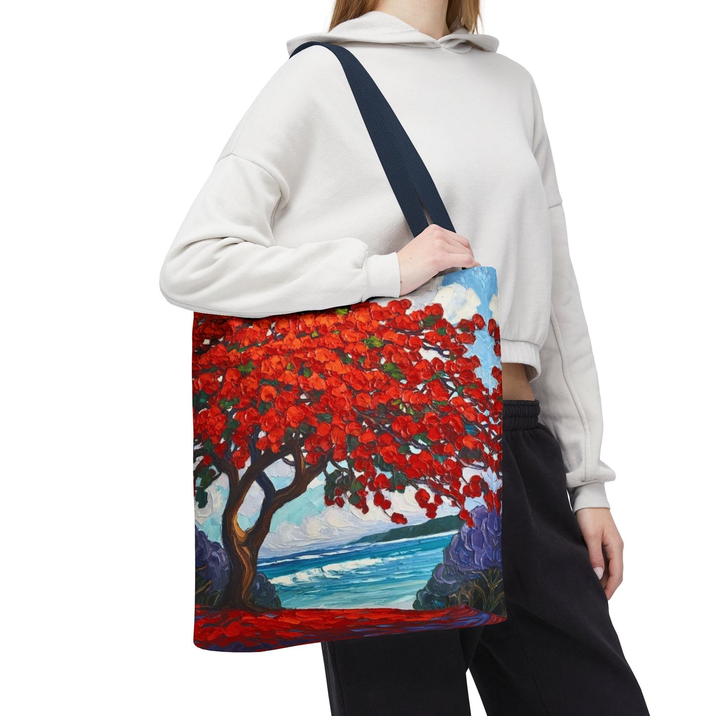 Red Blossom Beach Tote - Tropical Tree Art All-Over Print Tote Bag Crochet-Decorated Tote Bags
