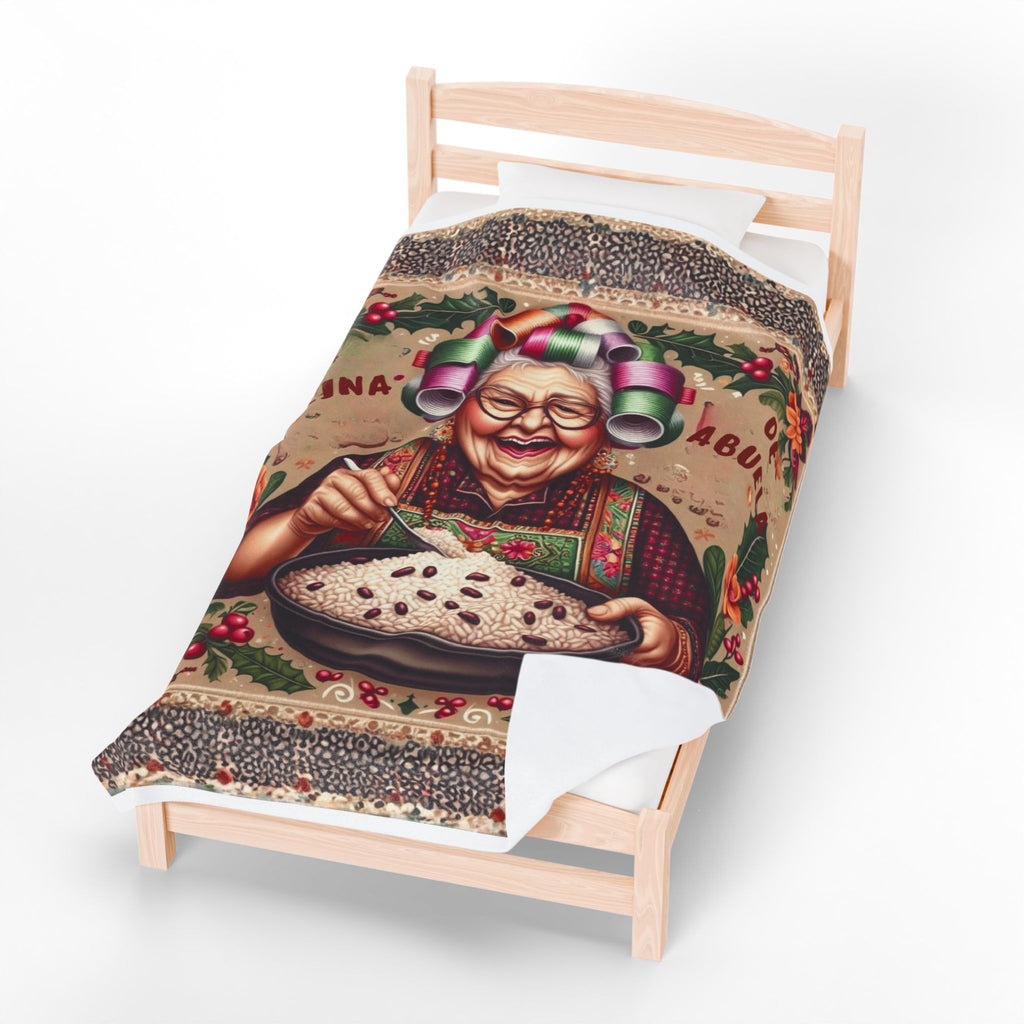 Grandma’s Cocina Velveteen Plush Blanket —Abuela Cooking Illustration Throw