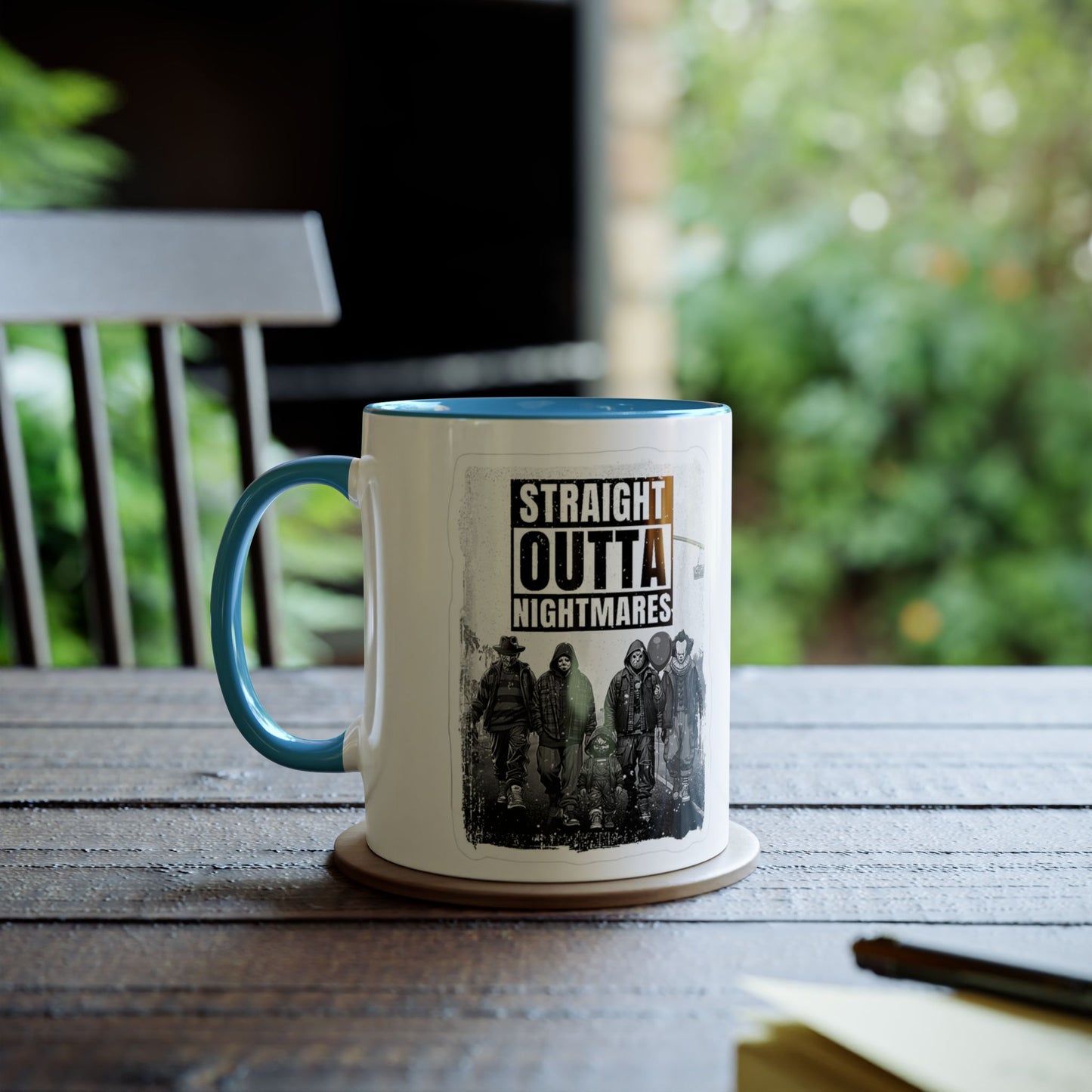 Straight Outta Nightmares Two-Tone Coffee Mug, Unique Gift for Halloween, Fun Office Decor, Red Handle Mug, Collectible Coffee Cup