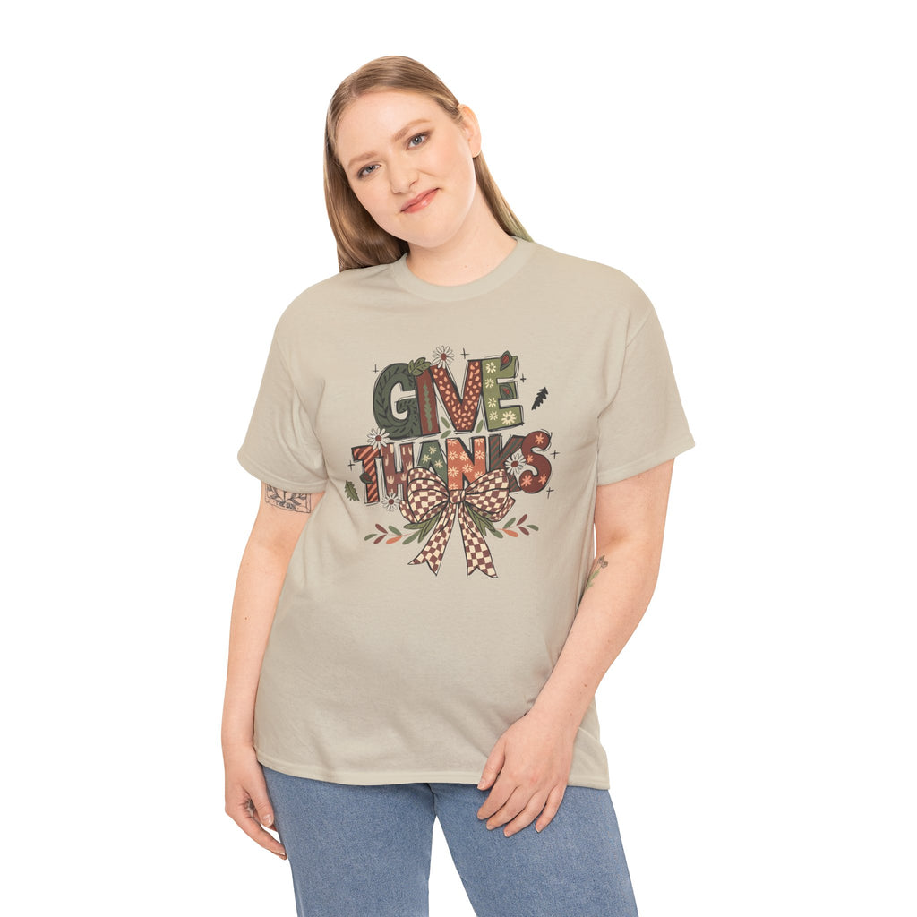 Give Thanks Tee Thanksgiving Graphic T-Shirt with Rustic Bow Design