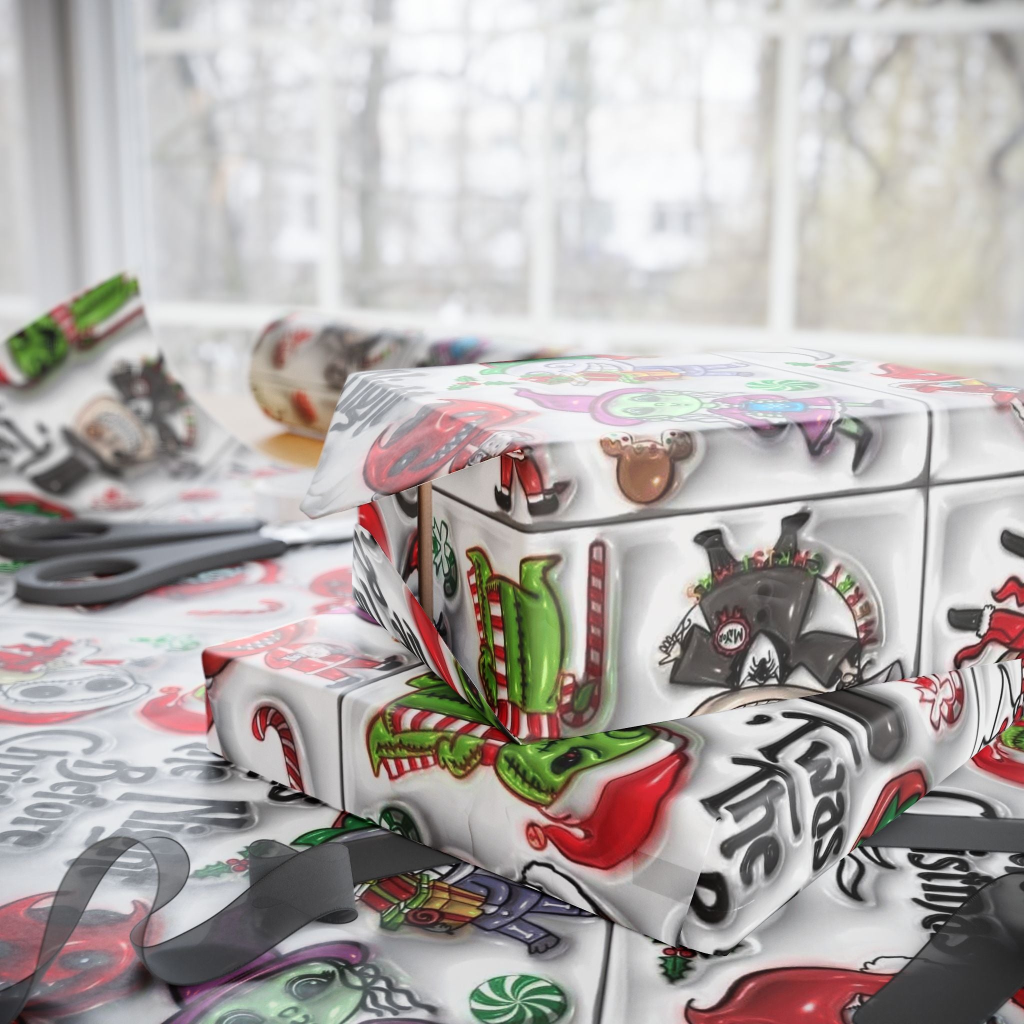 Christmas Character Wrapping Paper Roll — Cute Festive Santa & Skeleton Gift Wrap Whimsical Holiday Gift Wrap