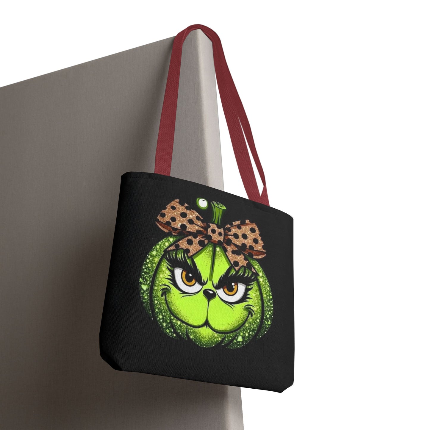 Grinch-Inspired Tote Bag with Polka Dot Bow Christmas Tote Bag Festive Holiday Design