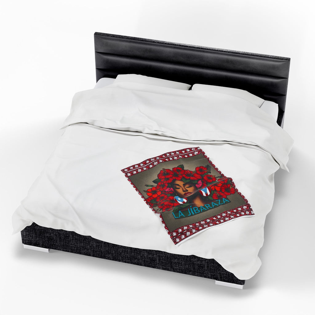 La Jíbaraza Velveteen Plush Blanket  Puerto Rican Floral Afro-Latina Portrait Throw
