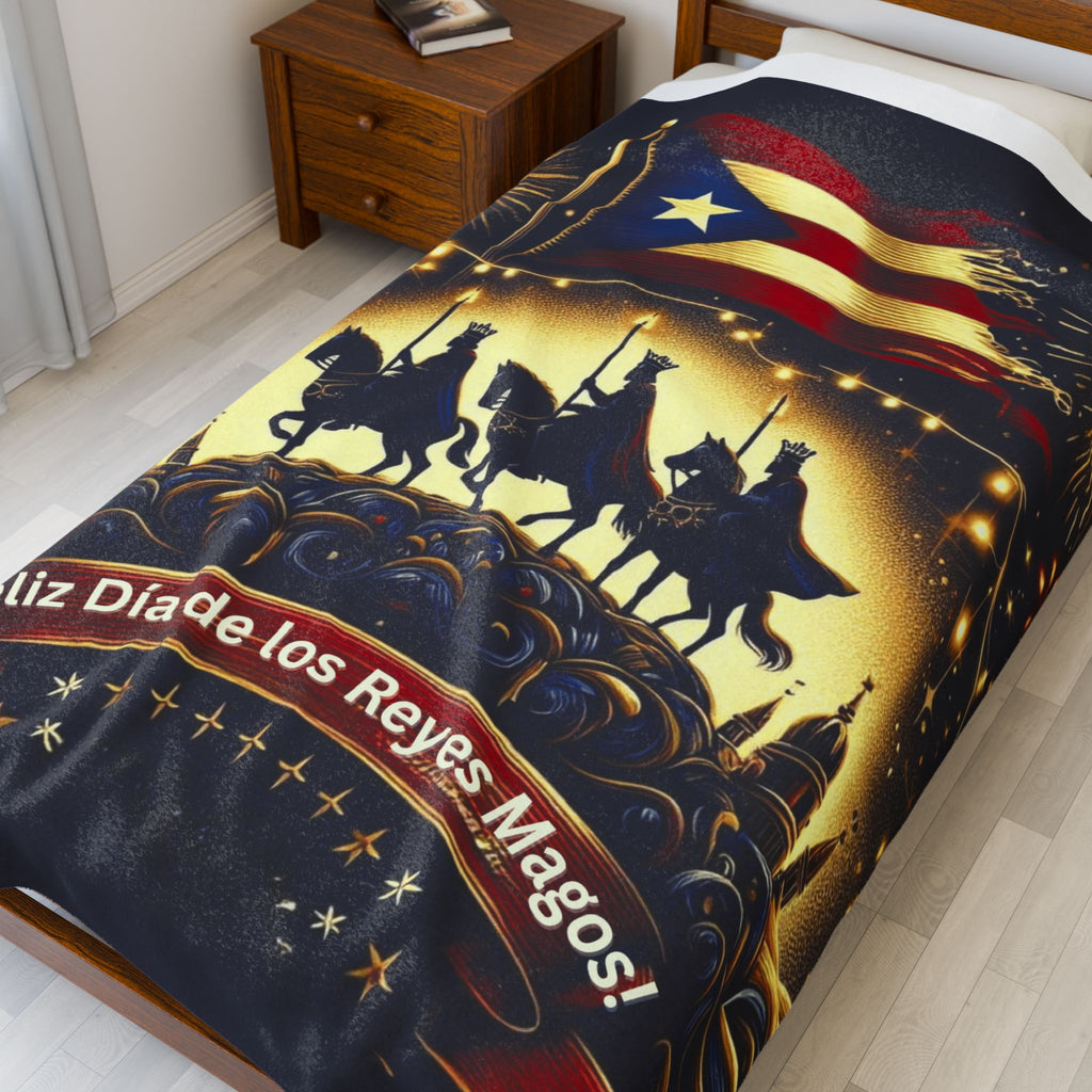 Velveteen Plush Blanket  Feliz Día de los Reyes Magos Puerto Rico Flag Holiday Throw
