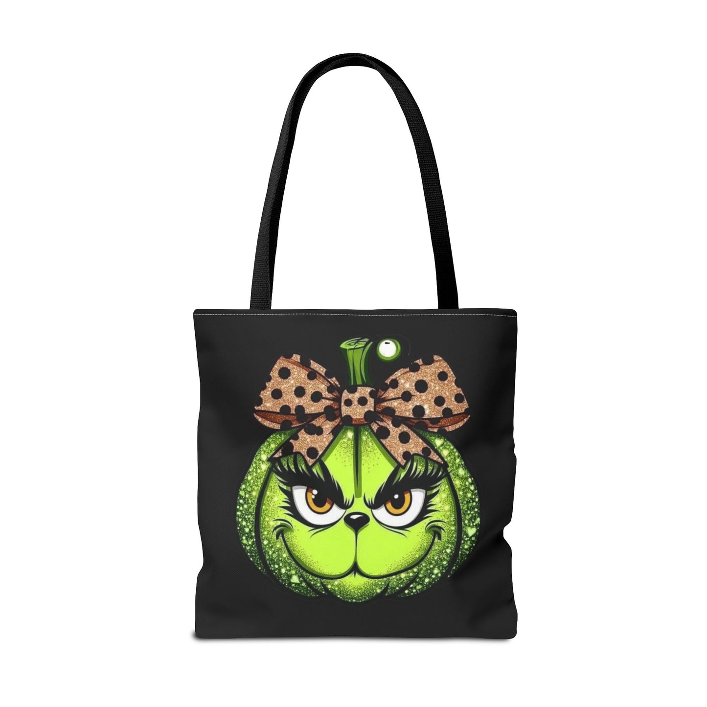 Grinch-Inspired Tote Bag with Polka Dot Bow Christmas Tote Bag Festive Holiday Design