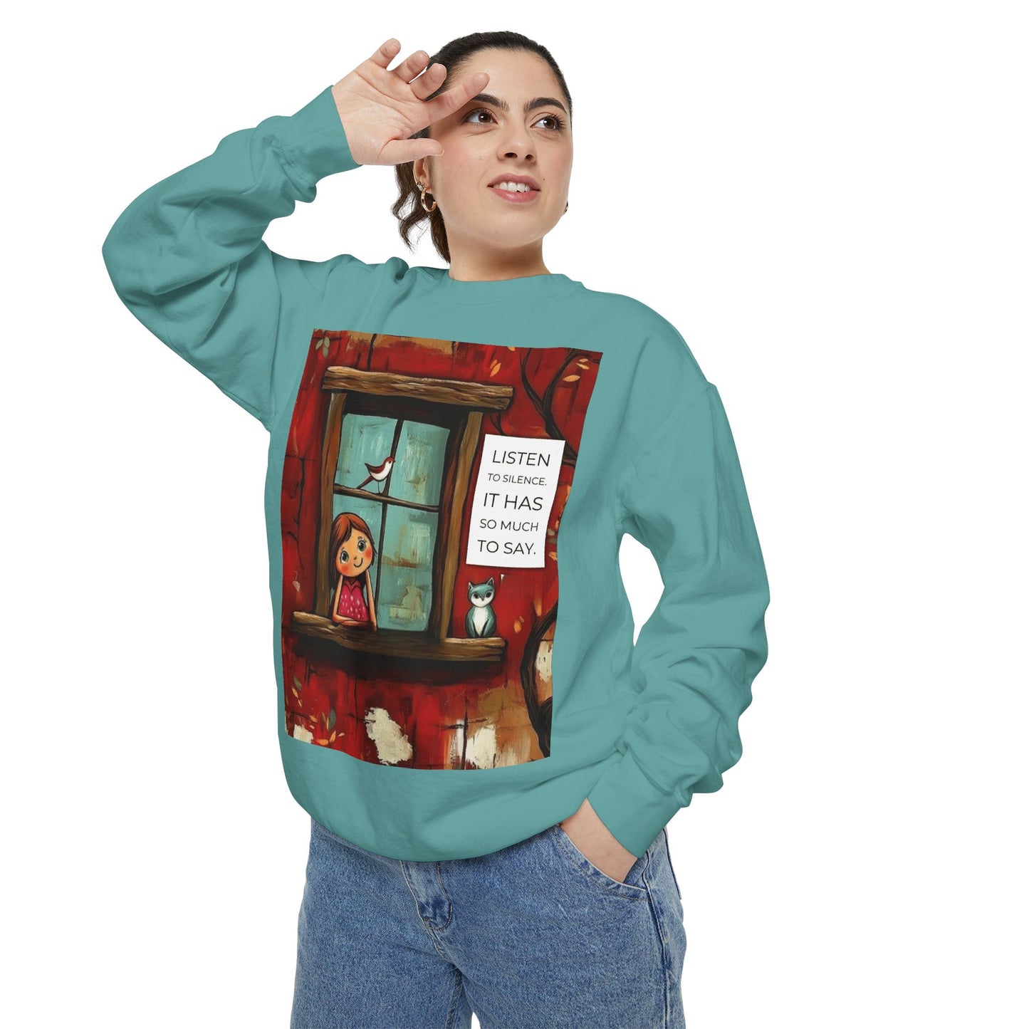 Cozy Window Scene Sweatshirt  "Listen, It Has So Much to Say" Graphic