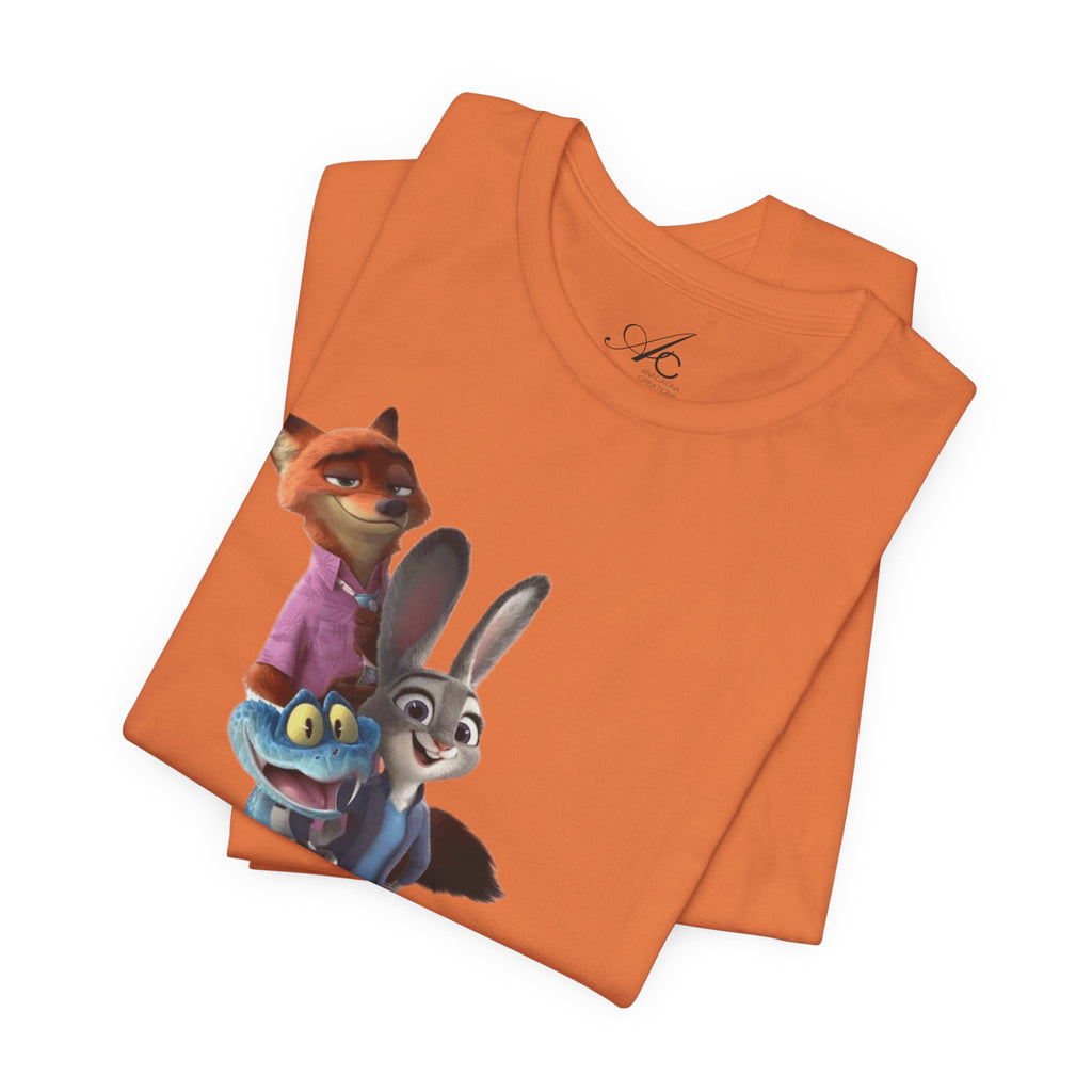 Animated Character Tee — Cute Fox & Bunny Stack Graphic T-Shirt  cartoon-style Christmas artwork
