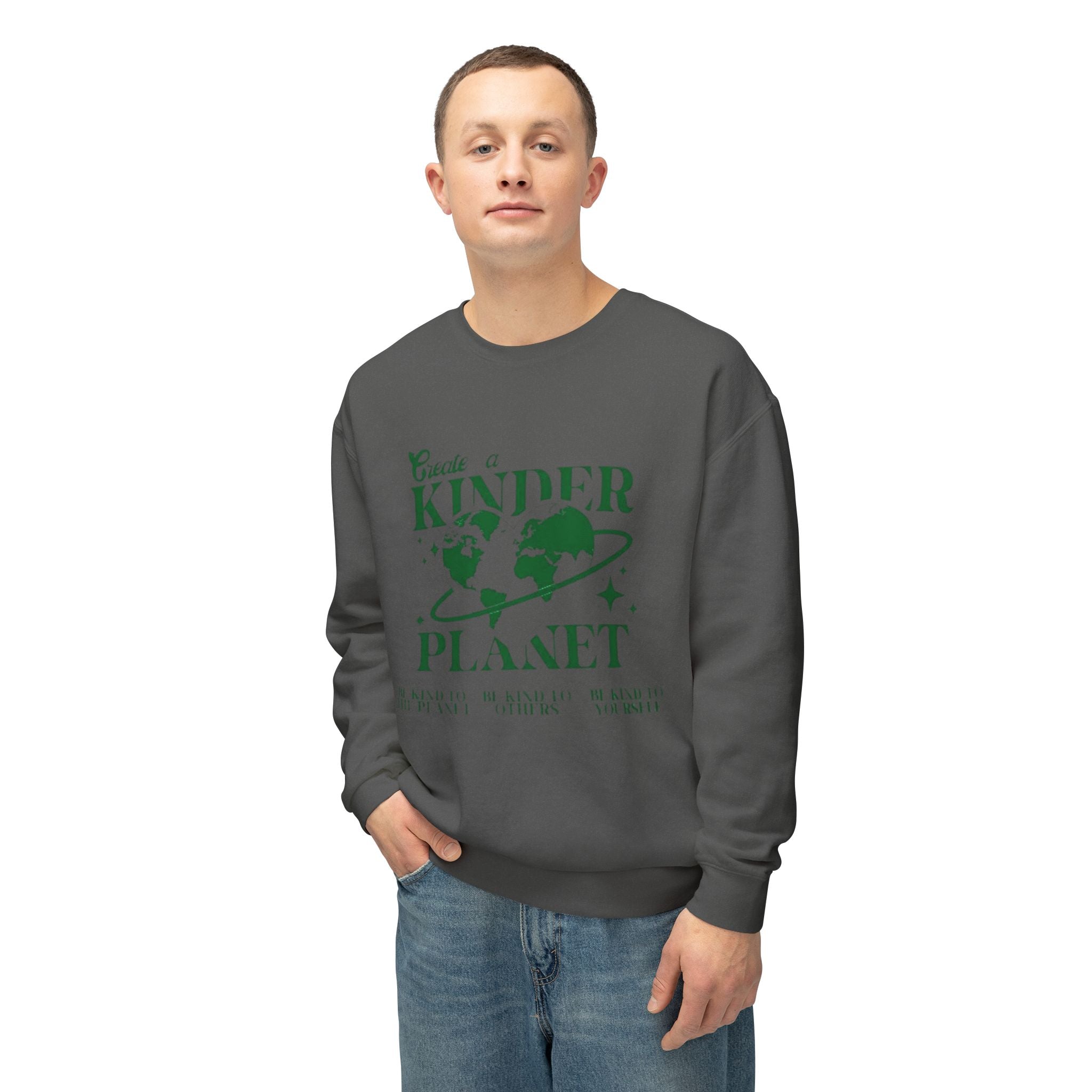 Kinder Planet Crewneck Sweatshirt Eco-Friendly Earth Day Graphic Pullover