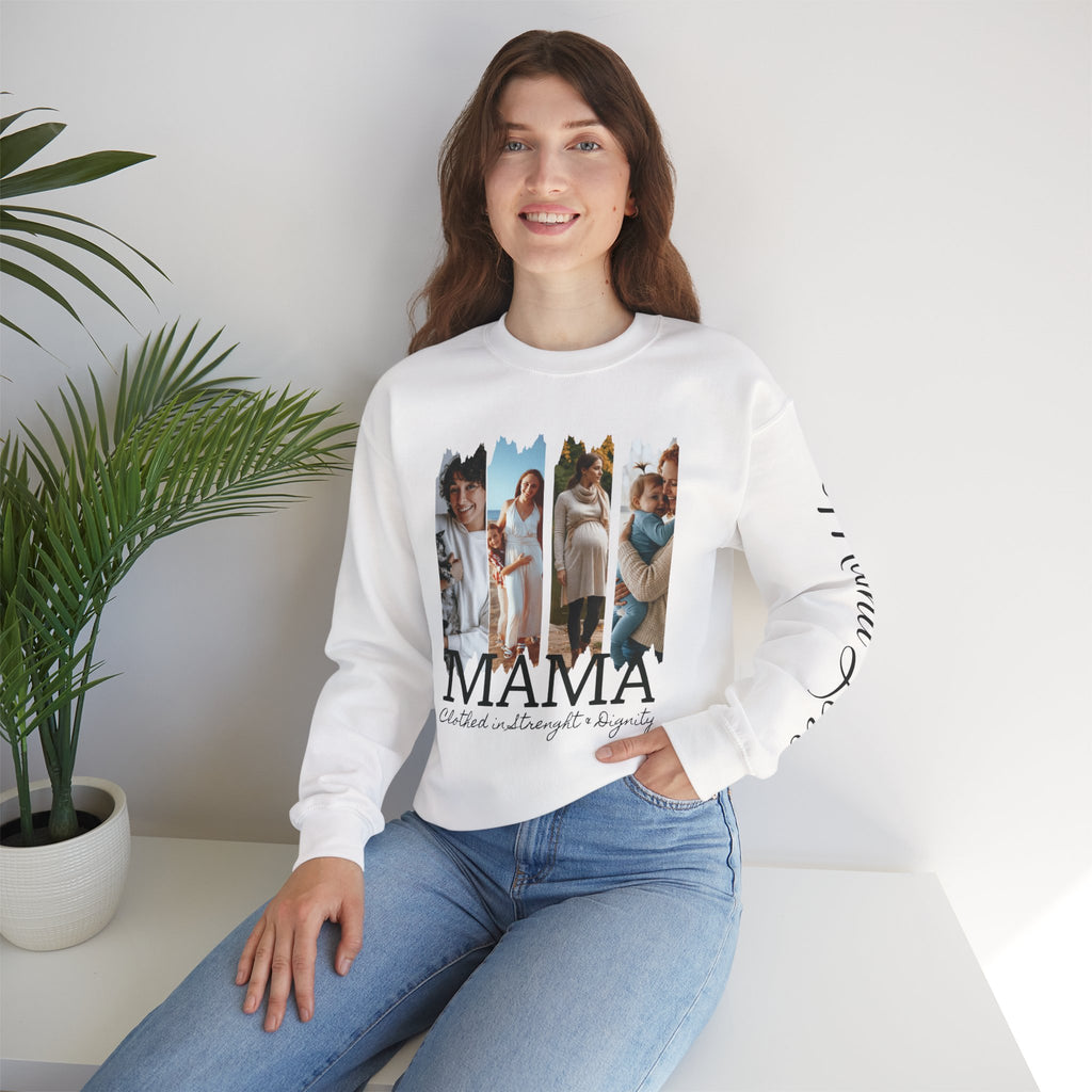 Mama Photo Collage Sweatshirt — "MAMA: clothed in strength & dignity" Sleeve Script