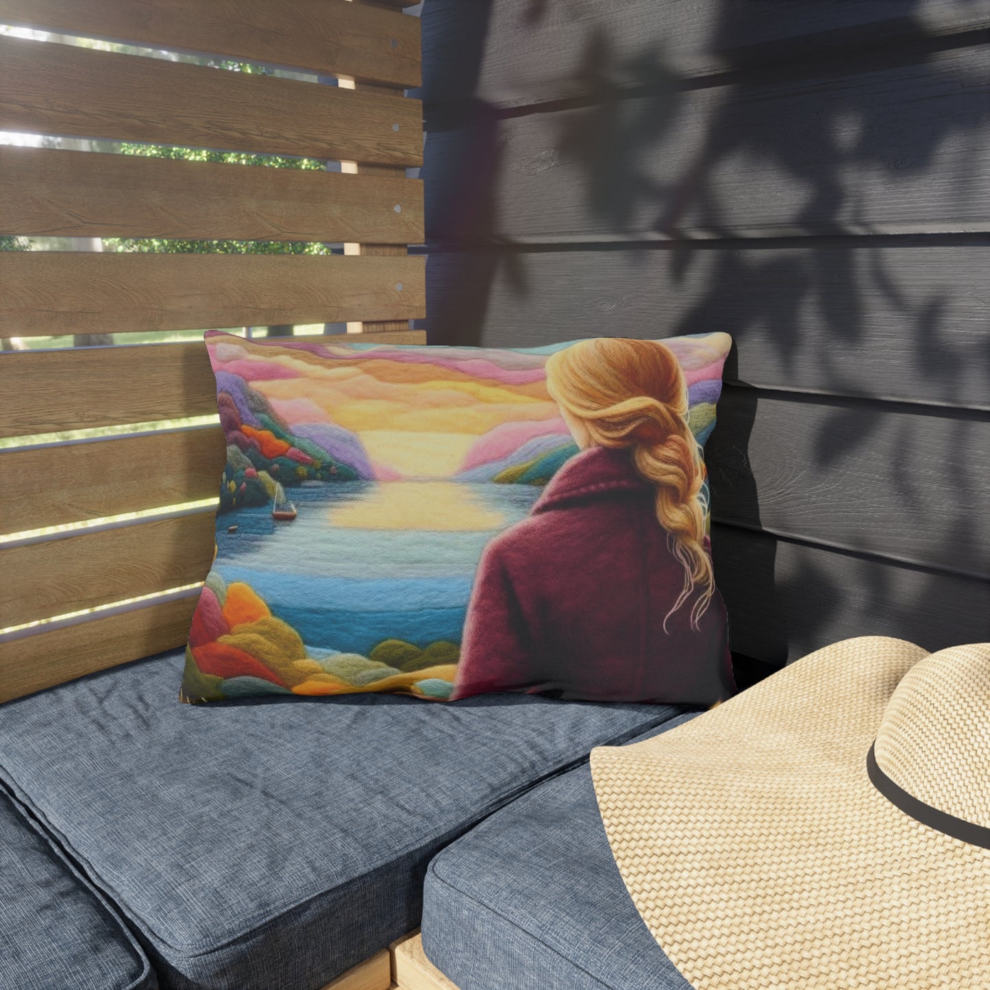 Scenic Lakeview Outdoor Pillow — Woman Overlooking Colorful Sunset Landscape