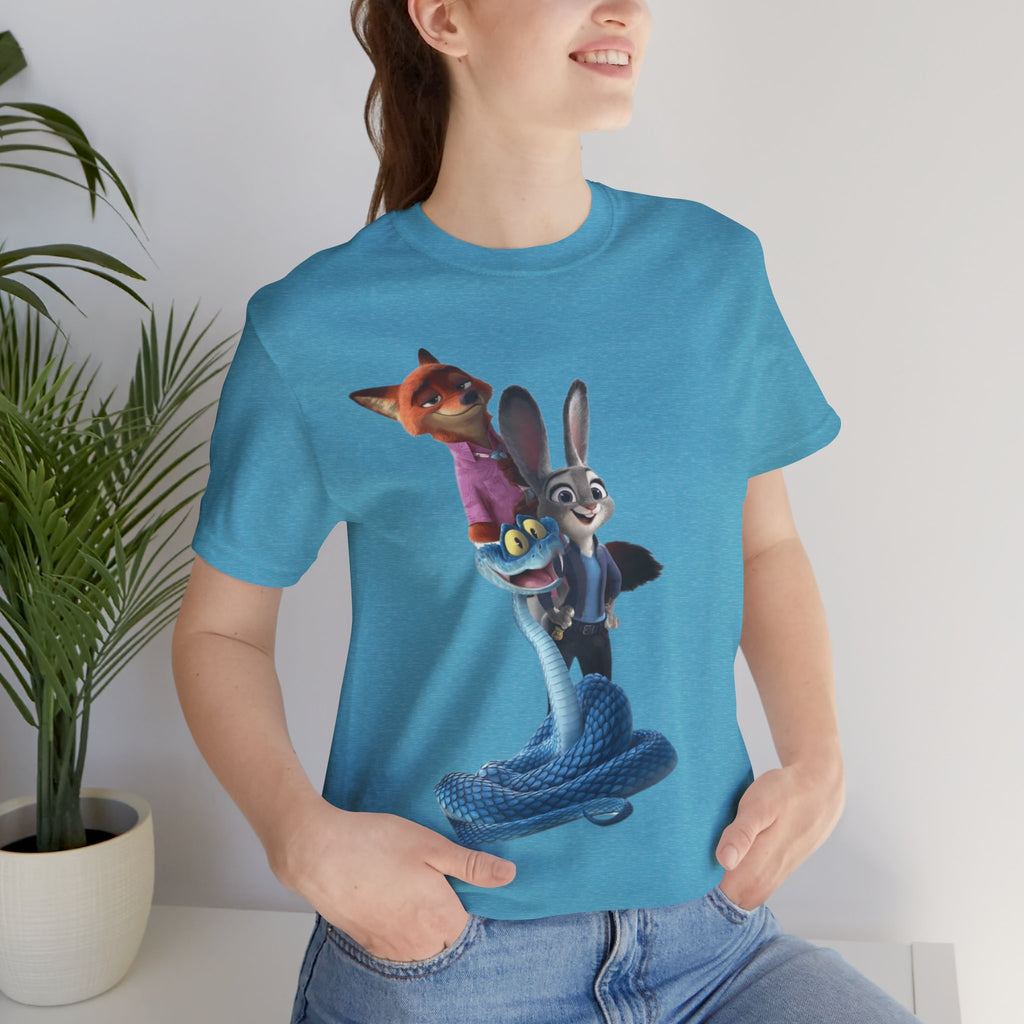 Animated Character Tee — Cute Fox & Bunny Stack Graphic T-Shirt  cartoon-style Christmas artwork