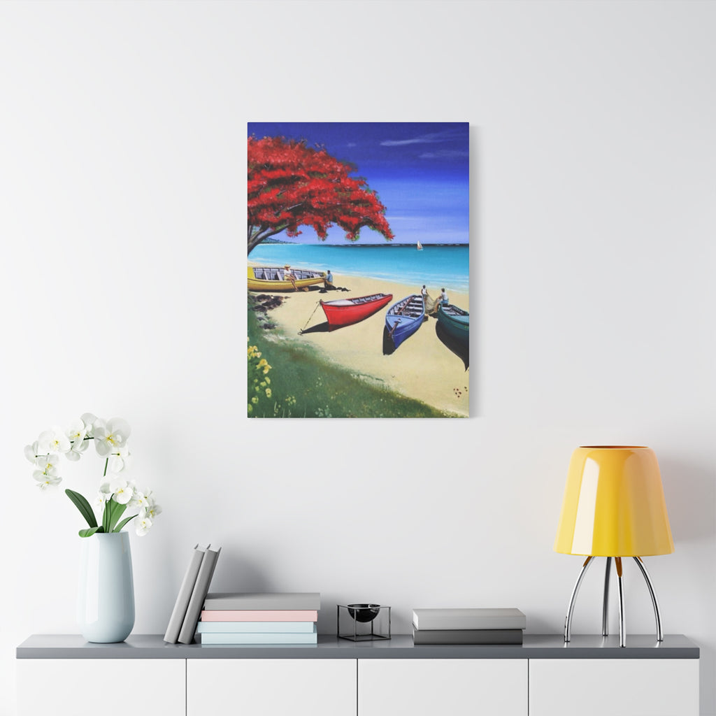 Beach Canoes Canvas Wall Art Tropical Seaside Landscape Matte Stretched Canvas