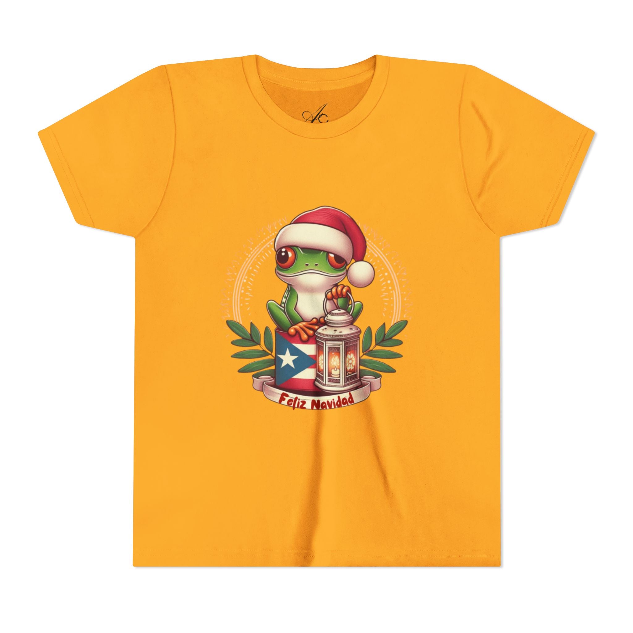Kids Tee Cute Frog with Puerto Rican Flag & Lantern (Feliz Navidad)