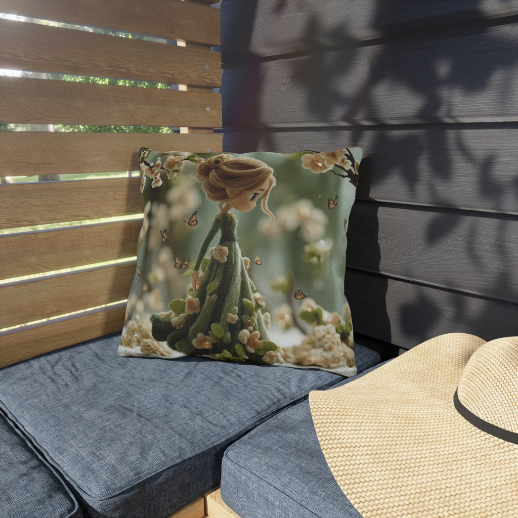 Spring Fairy Outdoor Pillow — Whimsical Girl with Butterflies Garden Decor