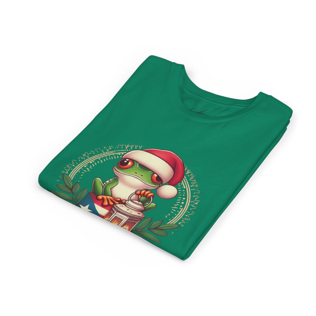 Kids Tee Cute Frog with Puerto Rican Flag & Lantern (Feliz Navidad)