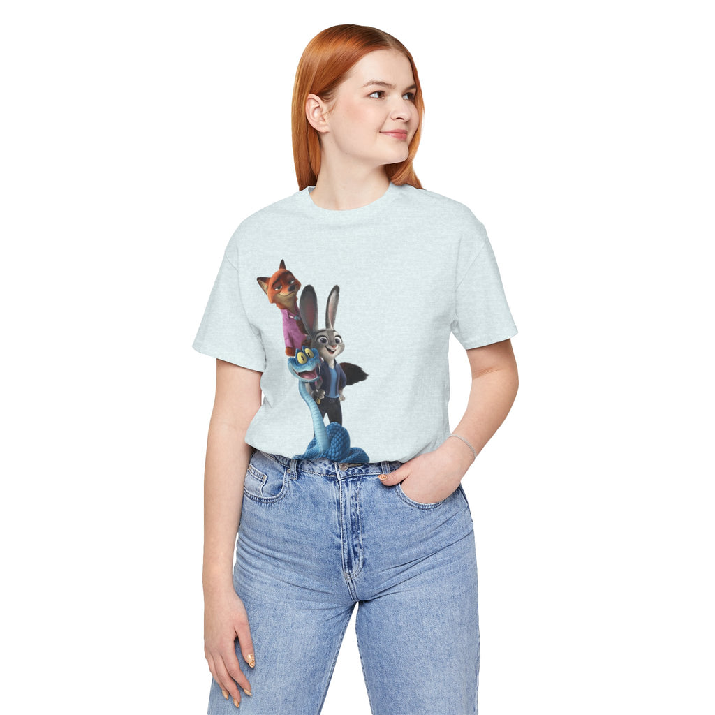 Animated Character Tee — Cute Fox & Bunny Stack Graphic T-Shirt  cartoon-style Christmas artwork