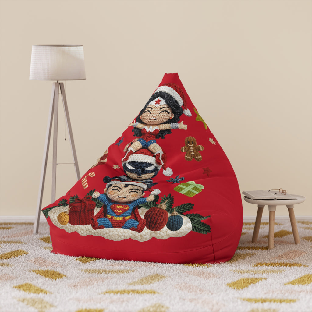 Holiday Superhero Bean Bag Cover — Festive Red Wonder Woman & Superman Knit Design