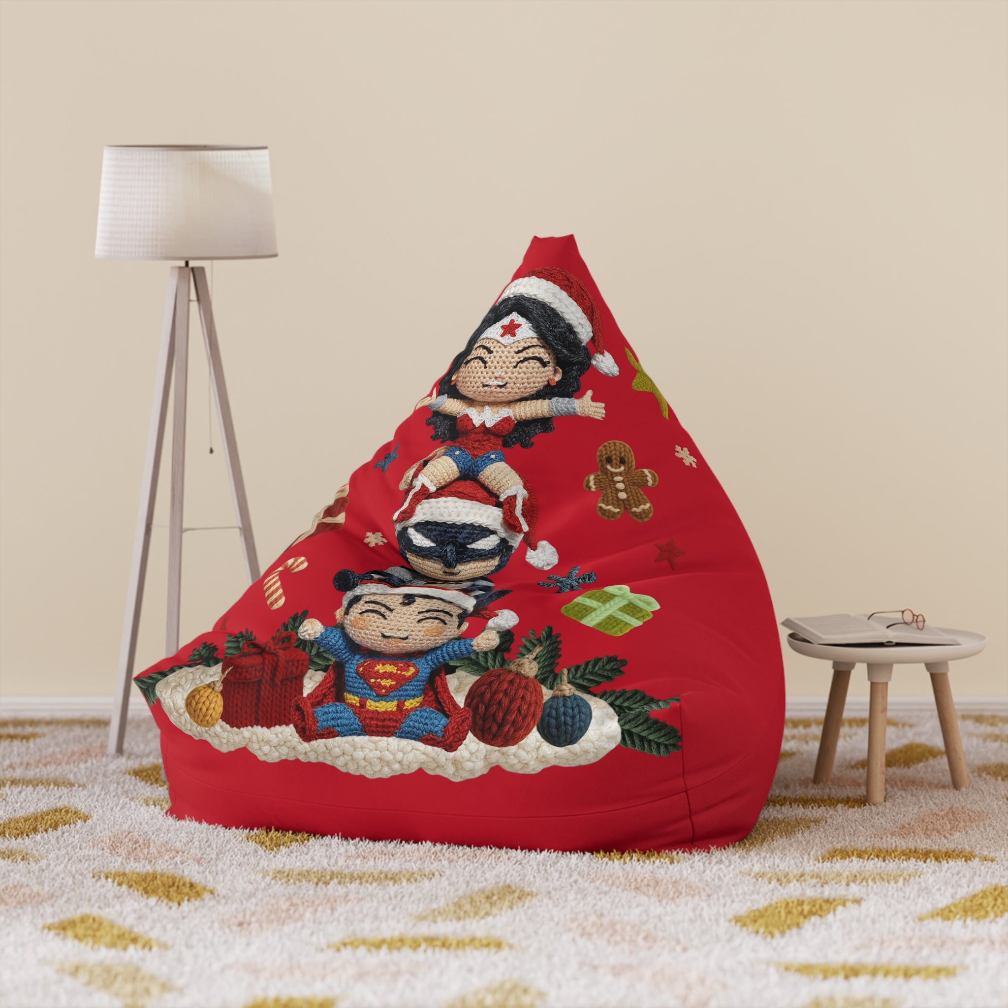 Holiday Superhero Bean Bag Cover — Festive Red Wonder Woman & Superman Knit Design