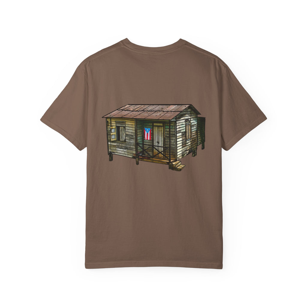 Puerto Rican Batey Cabin T-Shirt  Three Masks & Rustic House Graphic Tee Puerto Rico Navidades