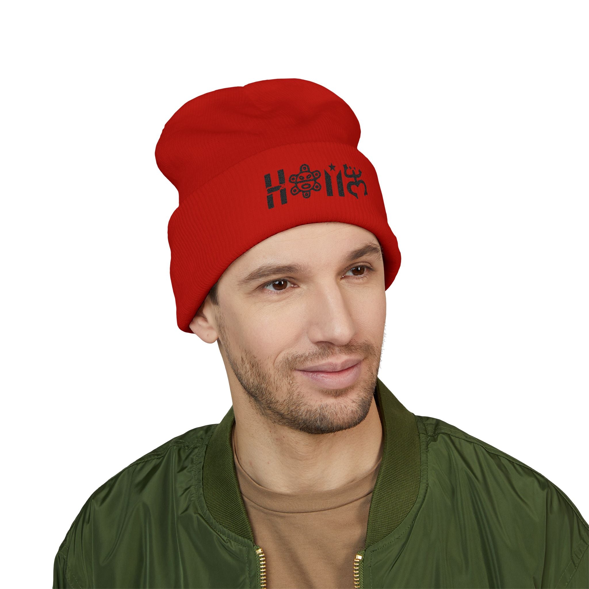 Embroidered 'Holi' Symbol Knit Hat Puerto Rico Beanie Hat – Boricua Pride Cuffed Winter Hat